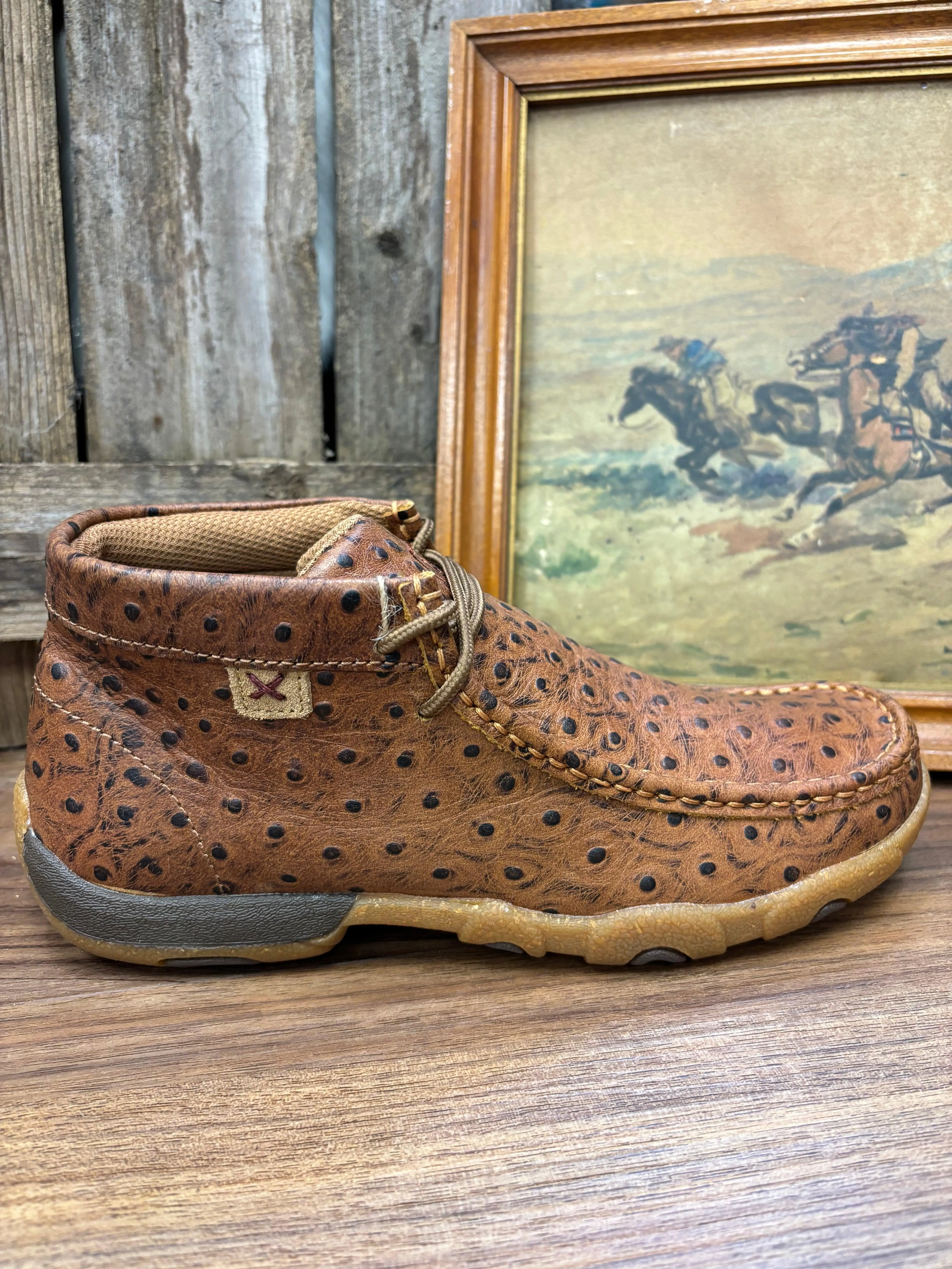 Twisted X Women's Cognac Ostrich Print Leather Chukka Driving Moc Shoe WDM0157 Slip Safe