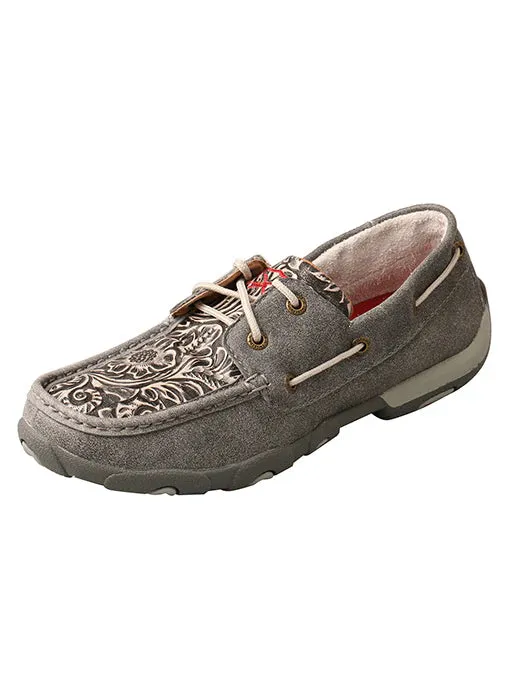 Garden Mood Stable construction Twisted X Women's Grey Tooled Leather Boat Shoe Driving Mocs WDM0130