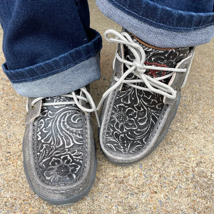 Twisted X Women's Grey Tooled Leather Boat Shoe Driving Mocs WDM0130 Joy Step