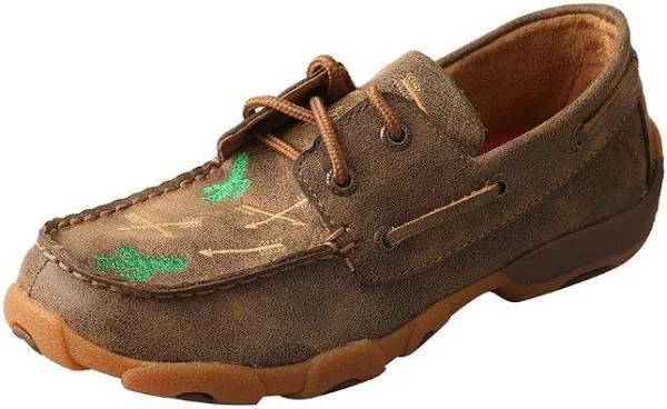 Twisted X Youth Cactus and Arrow Bomber Brown Leather Driving Mocs YDM0035 Versatile Style Step Control