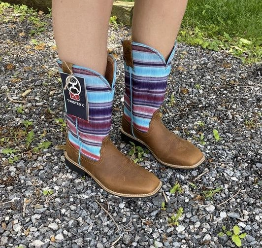 Leather Cool Durable Design Twisted X Childrens/Youth/Kids Brown Leather and Serape Top Hooey Cowgirl Boots YHY0011