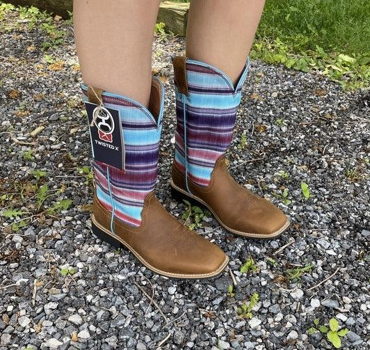 Leather Cool Durable Design Twisted X Childrens/Youth/Kids Brown Leather and Serape Top Hooey Cowgirl Boots YHY0011
