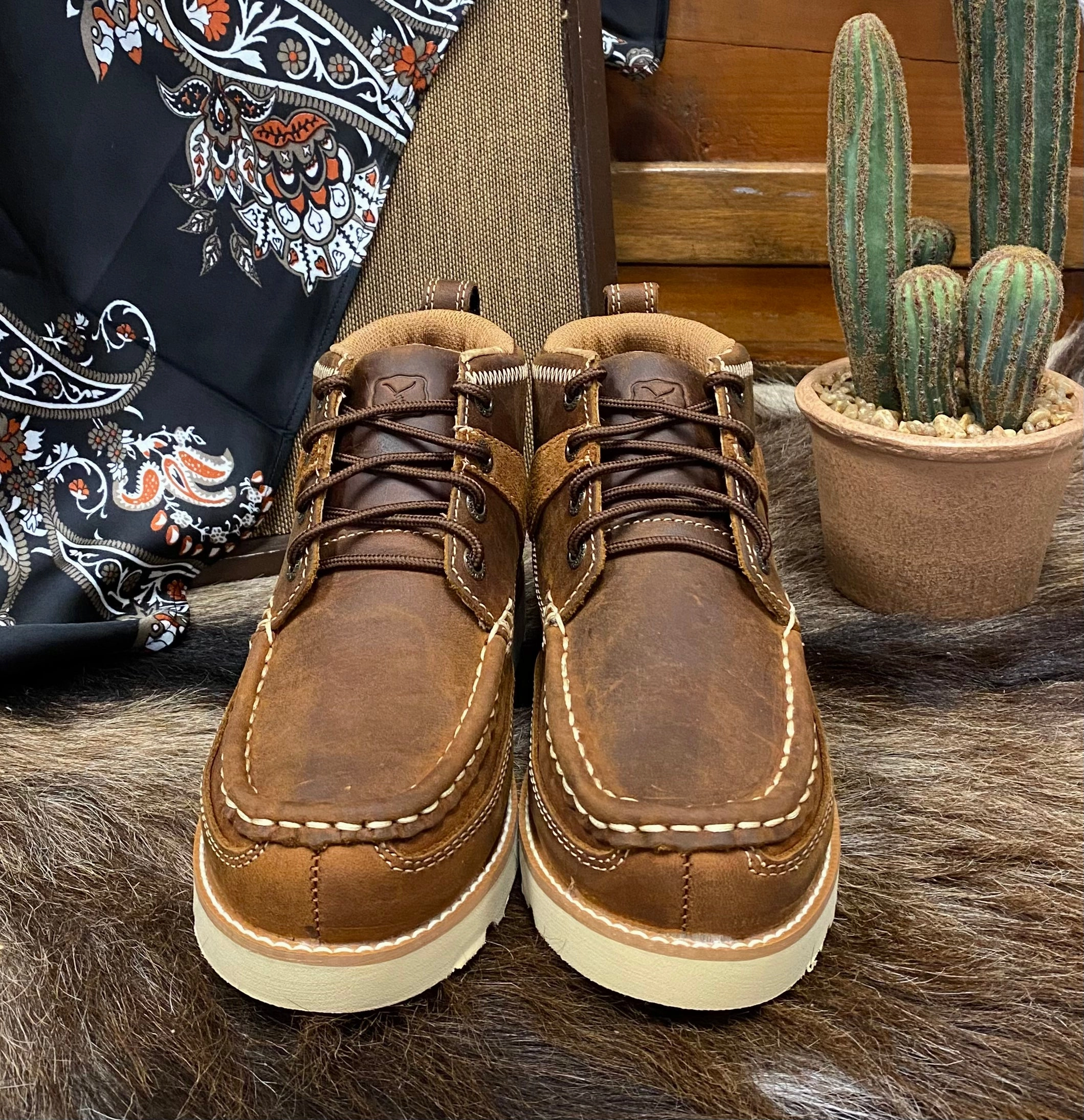 Twisted X Kids Wedge Sole Lace Up Oiled Saddle Leather Casual Boot YCA0001 mom style Neutral Finish