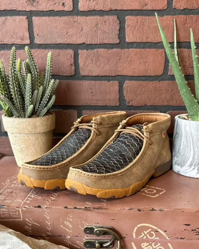 Twisted X Men's 4" Chukka Black Fish Print & Bomber Leather Driving Moc Shoe MDM0101 Neutral Wear