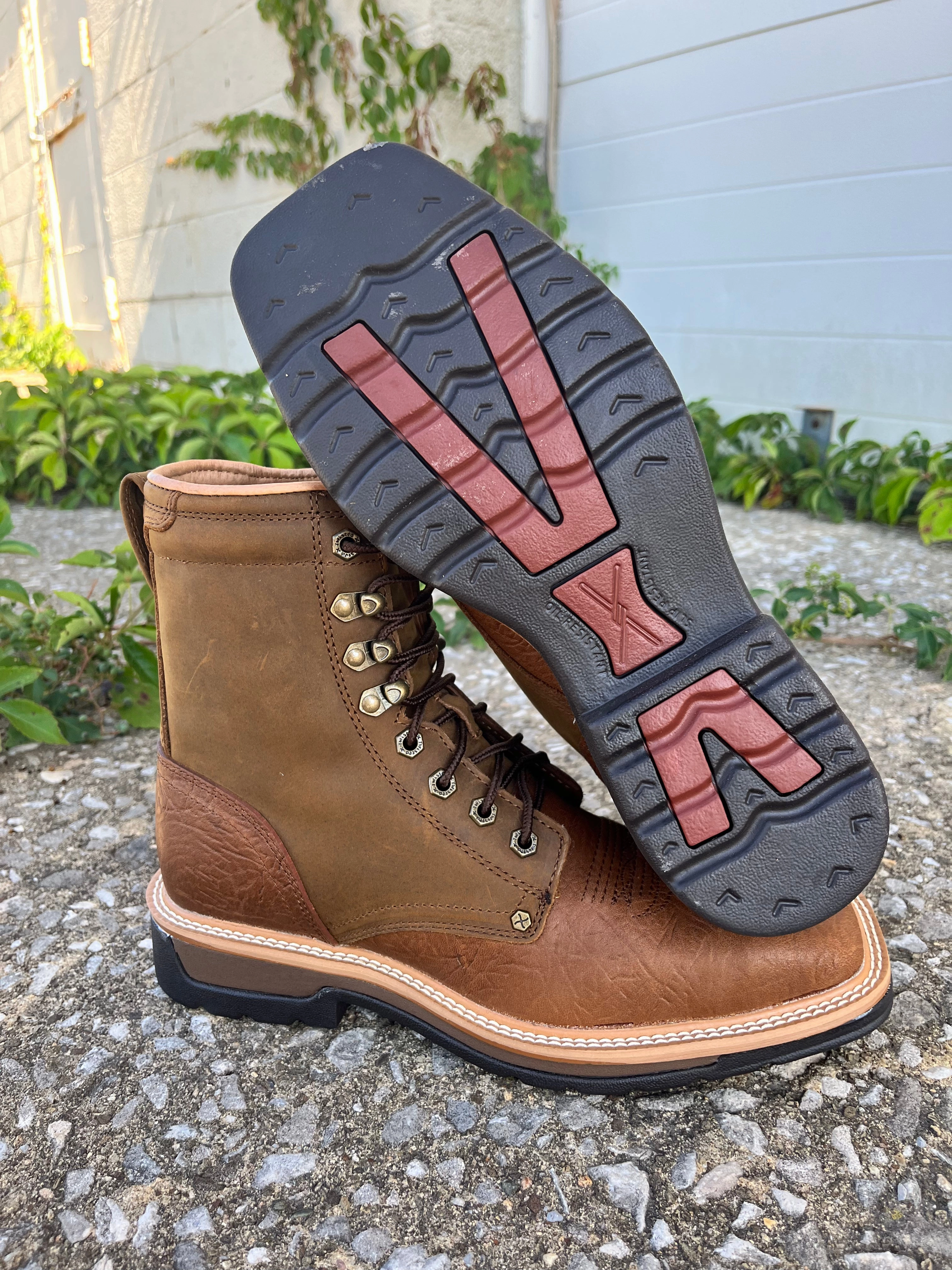 Twisted X Men's Brown Leather 8 Lace Up Steel Toe Work Boot MLCSL01 Quick Pull Non-Slip Sole