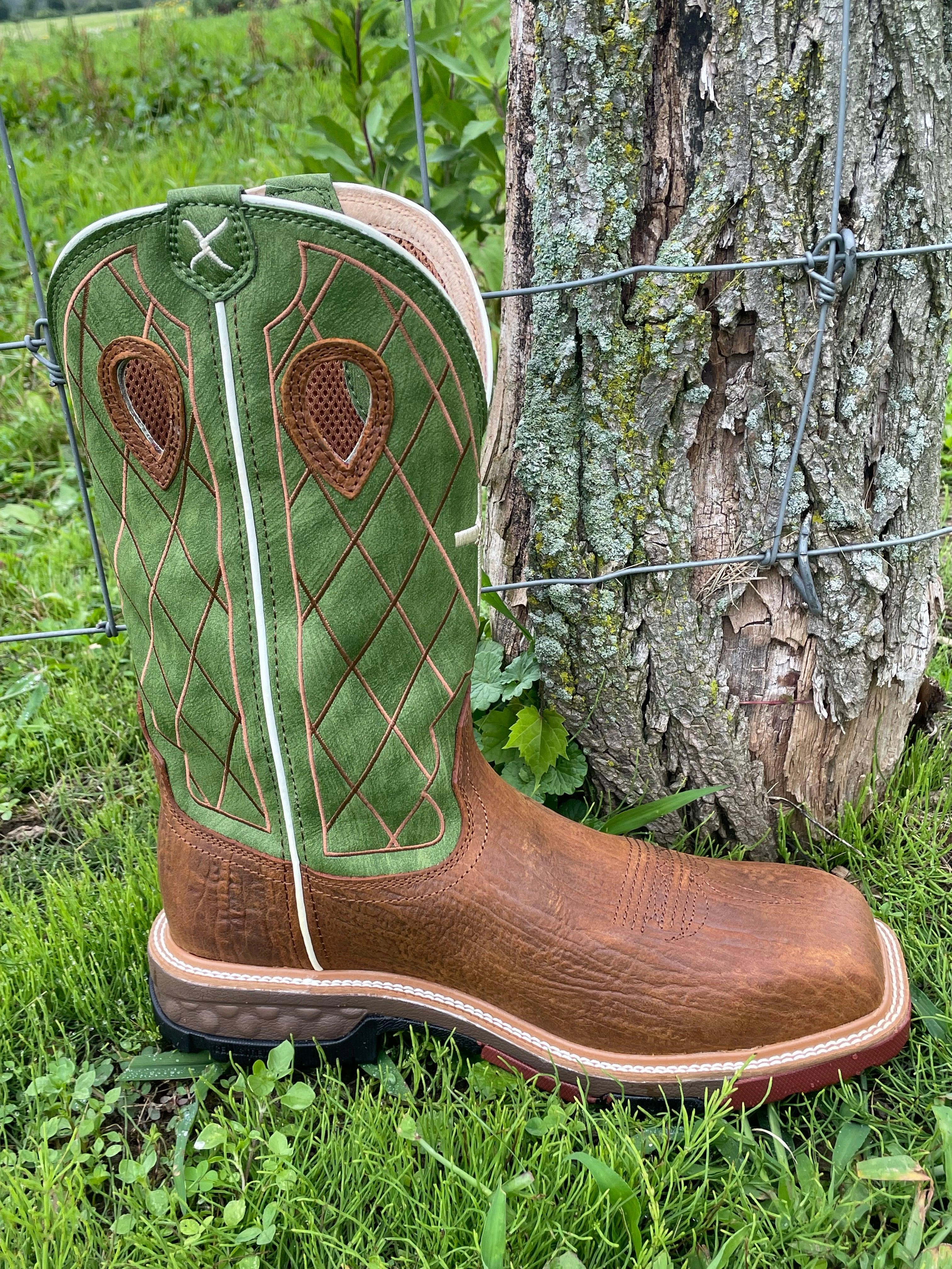 Anti Slip Trendy Style Twisted X Men's Caramel Cafe & Green Nano Safety Toe Toe Work Boots MXBNW07