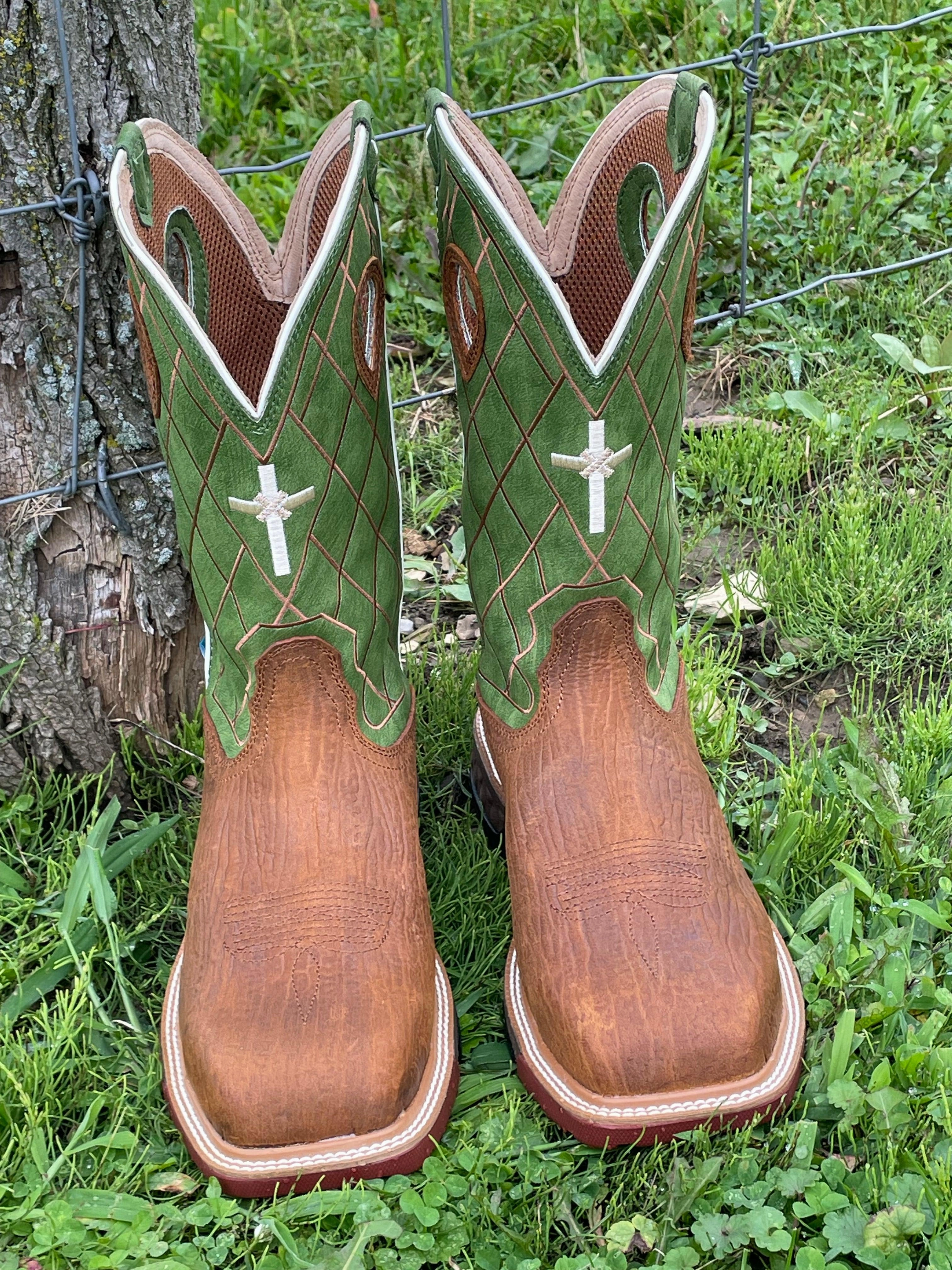 Twisted X Men's Caramel Cafe & Green Nano Safety Toe Toe Work Boots MXBNW07 Premium Support