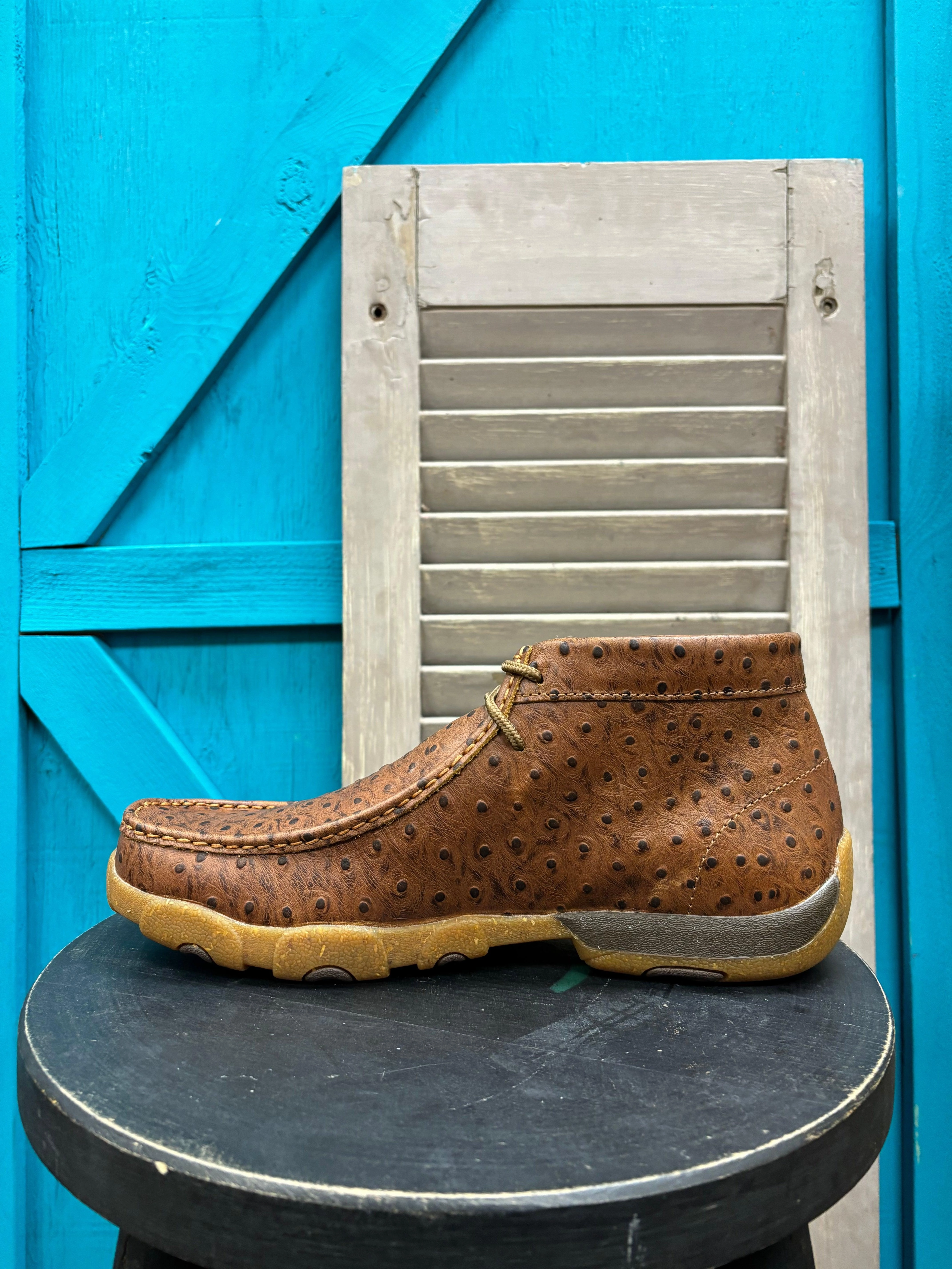 Fashionable Comfort Twisted X Men's Cognac Ostrich Print Leather Chukka Driving Moc MDM0100