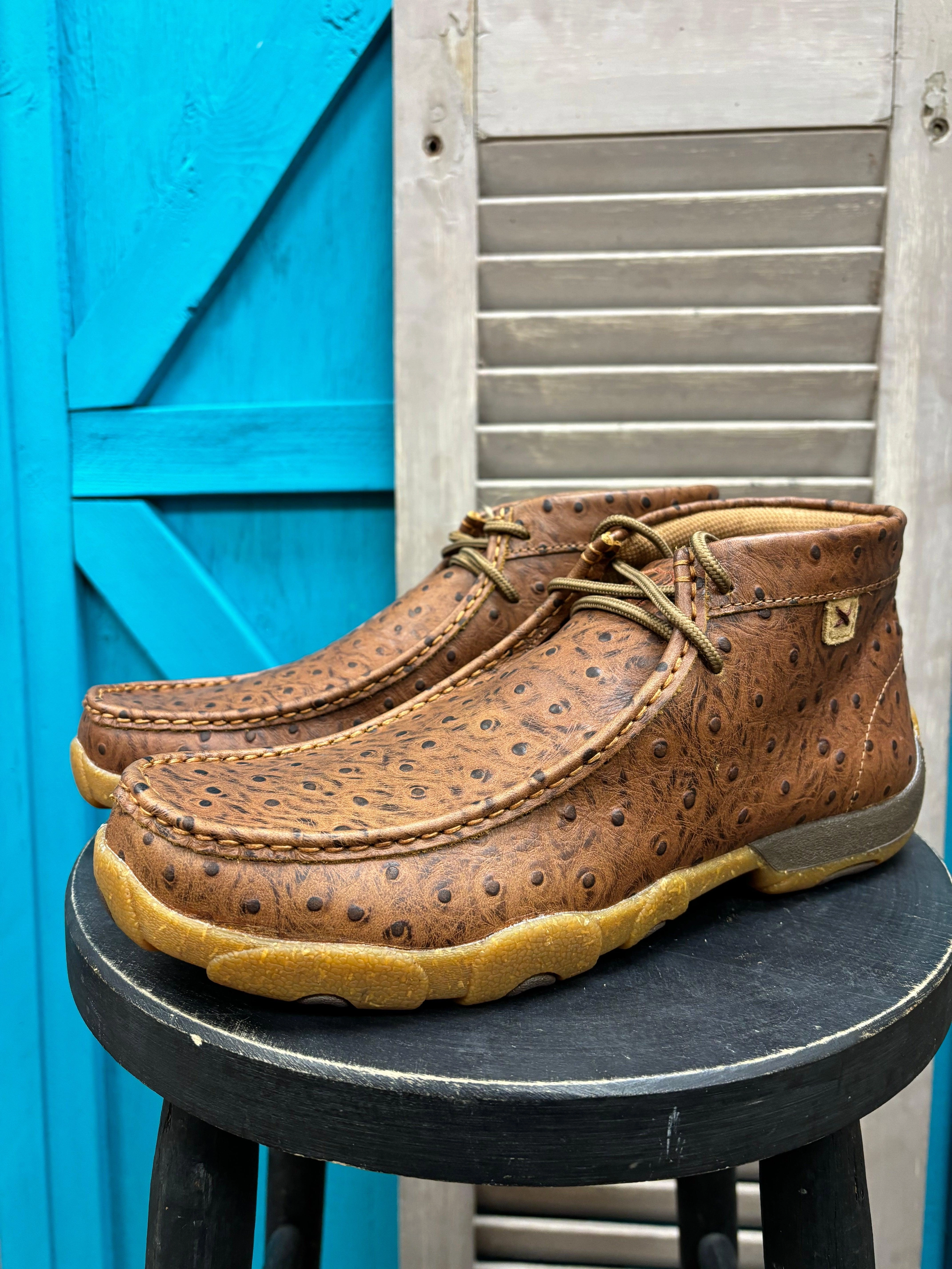 Twisted X Men's Cognac Ostrich Print Leather Chukka Driving Moc MDM0100 orthopedic