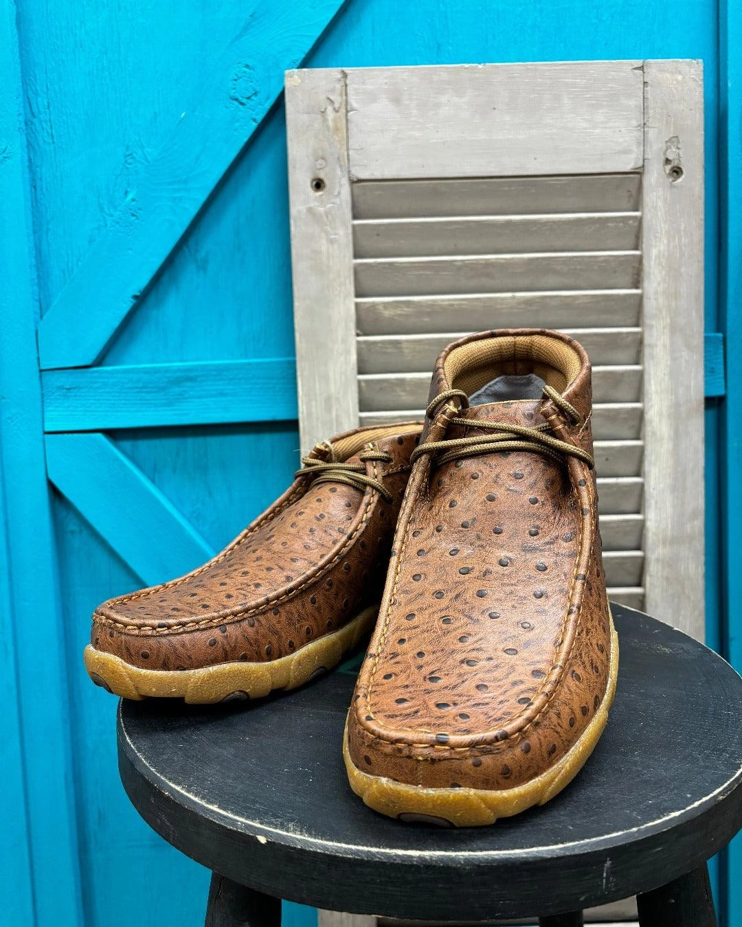 Twisted X Men's Cognac Ostrich Print Leather Chukka Driving Moc MDM0100 Modern Wear Supportive Step