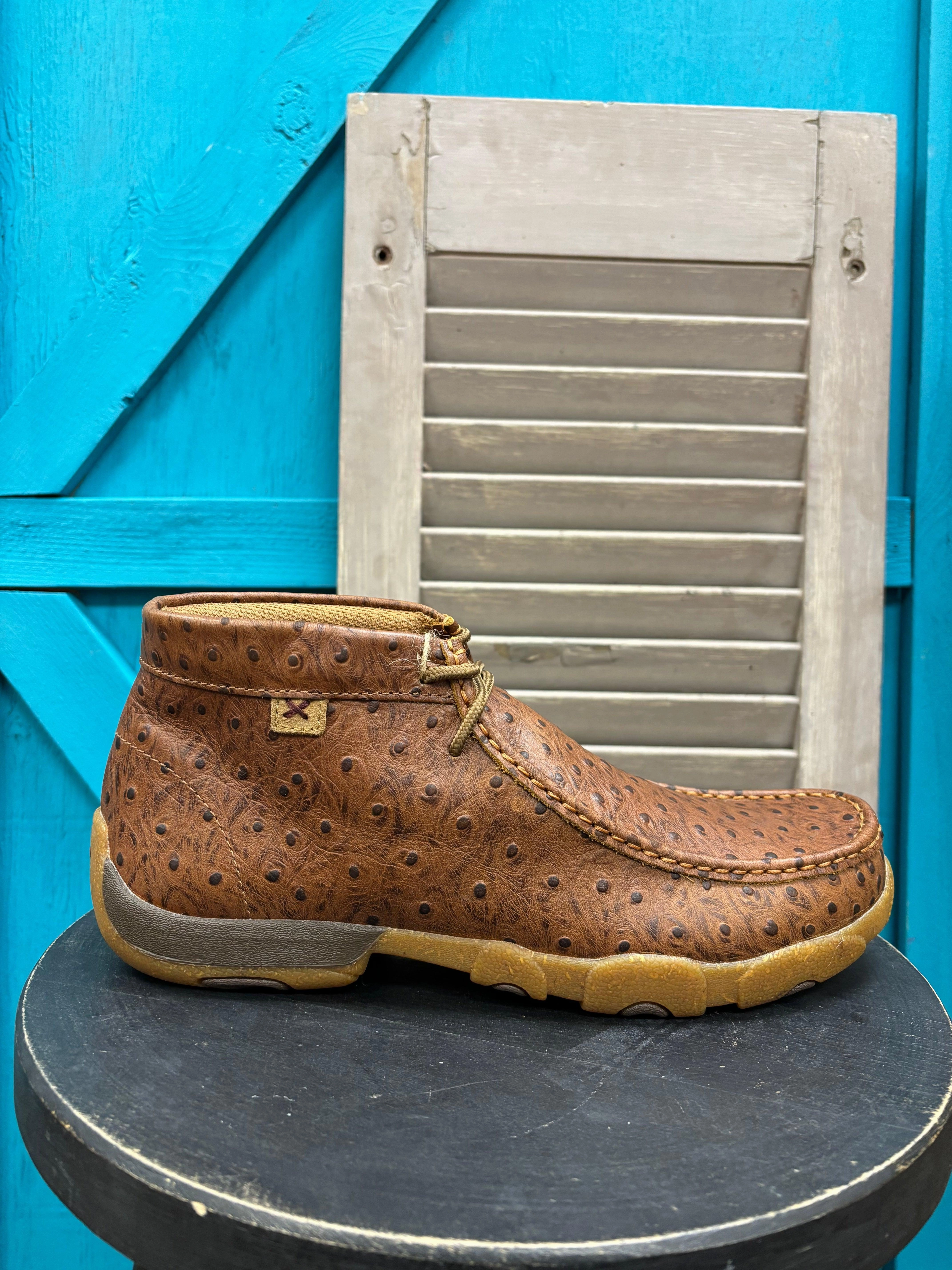 Active Style Marathon Walk Twisted X Men's Cognac Ostrich Print Leather Chukka Driving Moc MDM0100