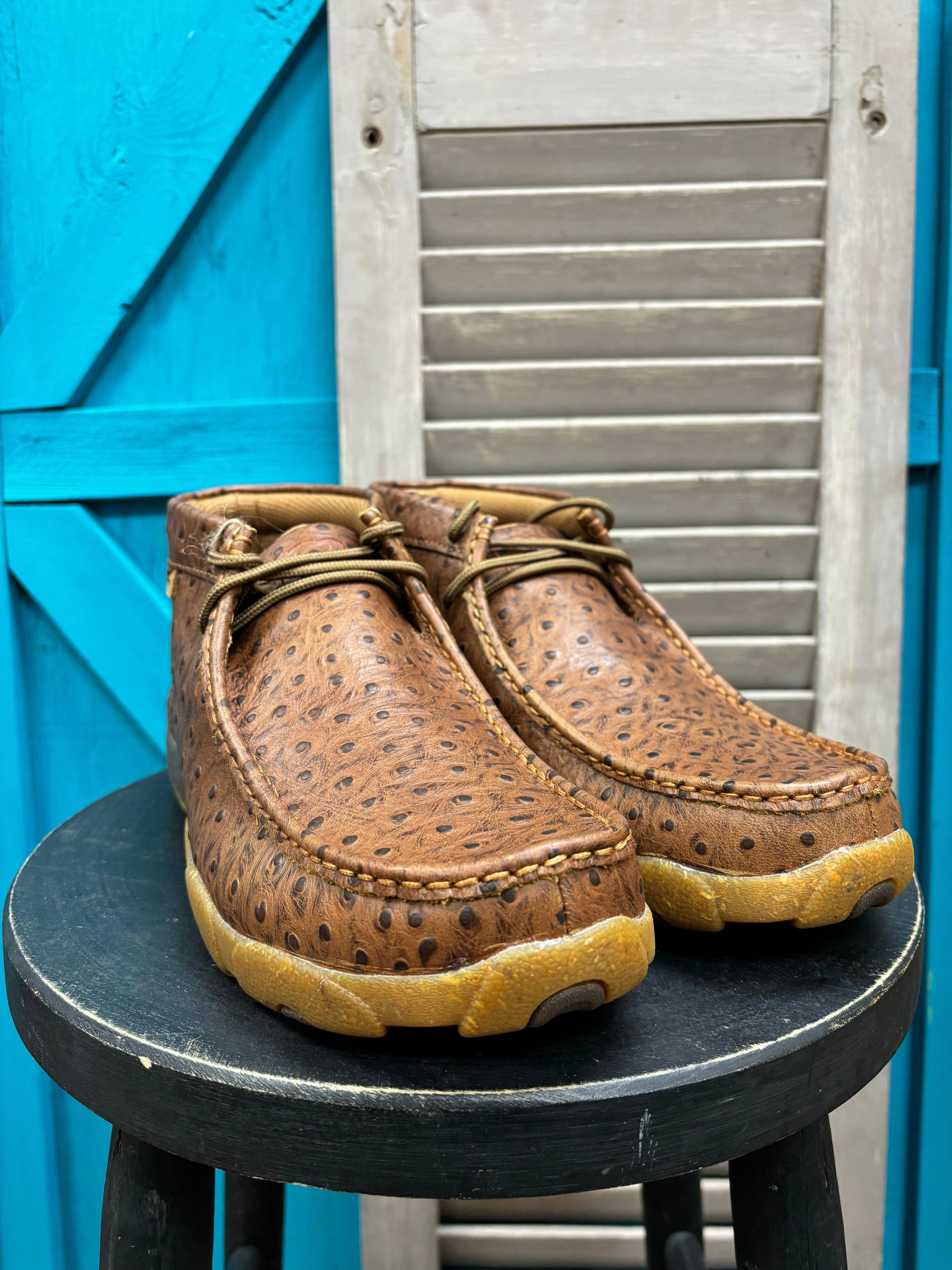 Twisted X Men's Cognac Ostrich Print Leather Chukka Driving Moc MDM0100 Look Ready