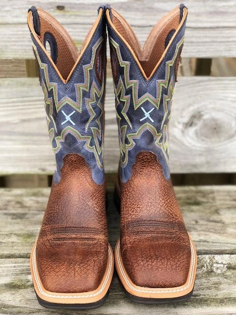 Block Heel Twisted X Men's Distressed Brown & Navy  Square Toe Western Work Boots MLCW016