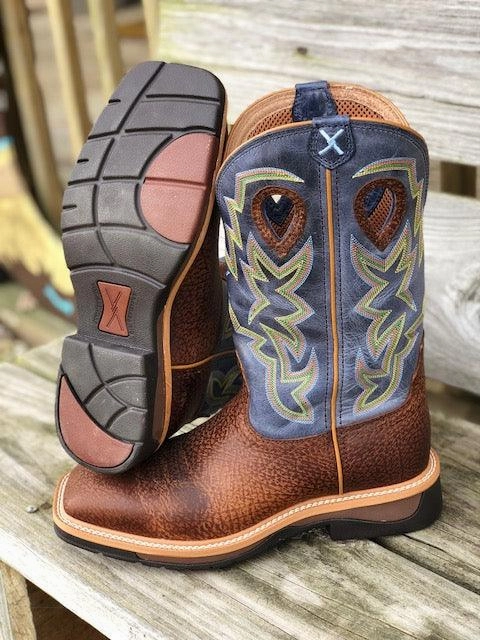 Twisted X Men's Distressed Brown & Navy  Square Toe Western Work Boots MLCW016 Ankle Coverage