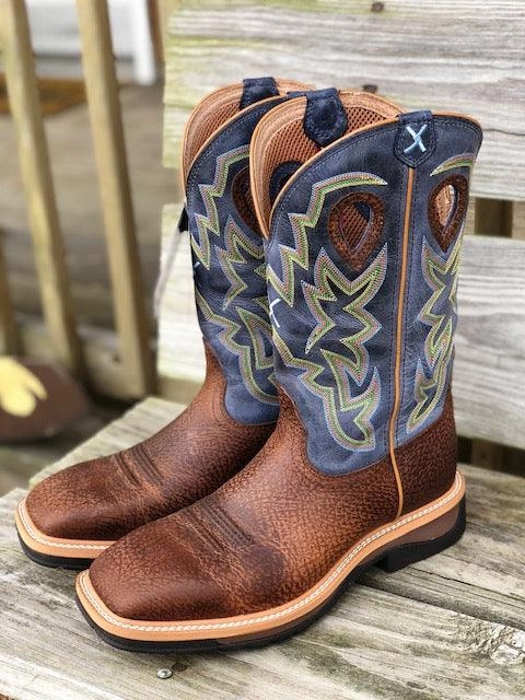 Twisted X Men's Distressed Brown & Navy  Square Toe Western Work Boots MLCW016 Multi-Purpose Abrasion   Resistant