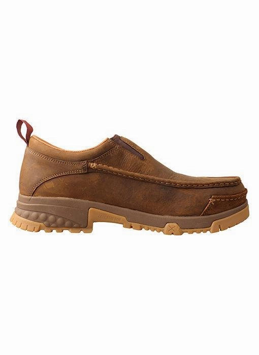 Stage Glow Zip Up Twisted X Men's Distressed Brown Leather Composite Toe CellStretch Slip On Moc Shoe MXCC003