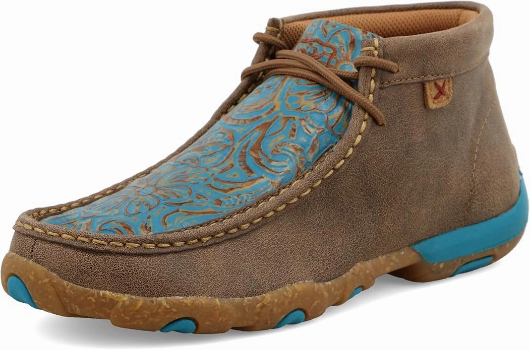 Twisted X Women's Bomber Leather & Turquoise Tooled Chukka Driving Moc Casual Shoes WDM0148 Soft Interior Cozy Design