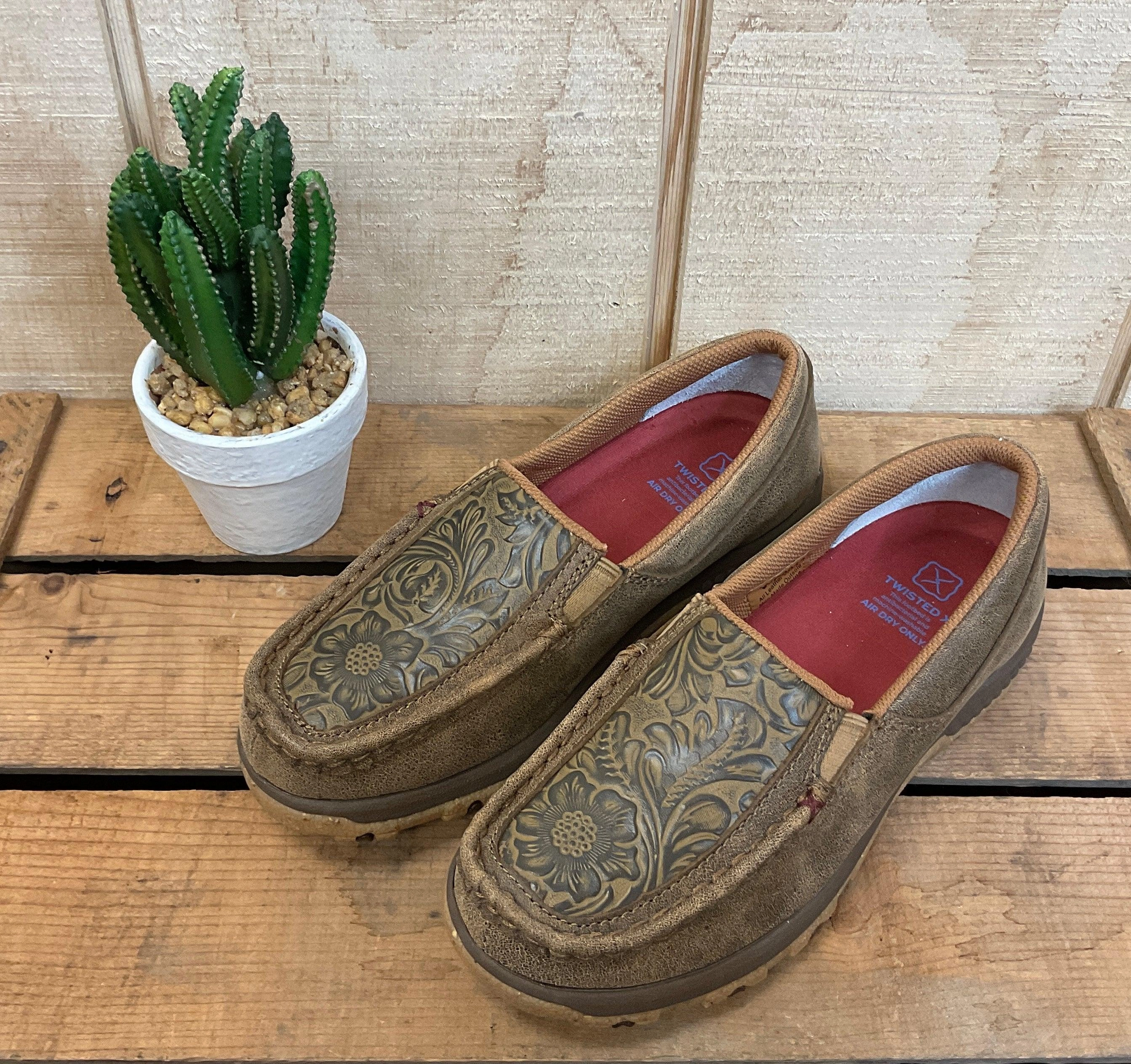 Twisted X Women's Brown Bomber Leather & Tooled Slip On Driving Moc Casual Shoe WXC0013 Comfort Leather Upper