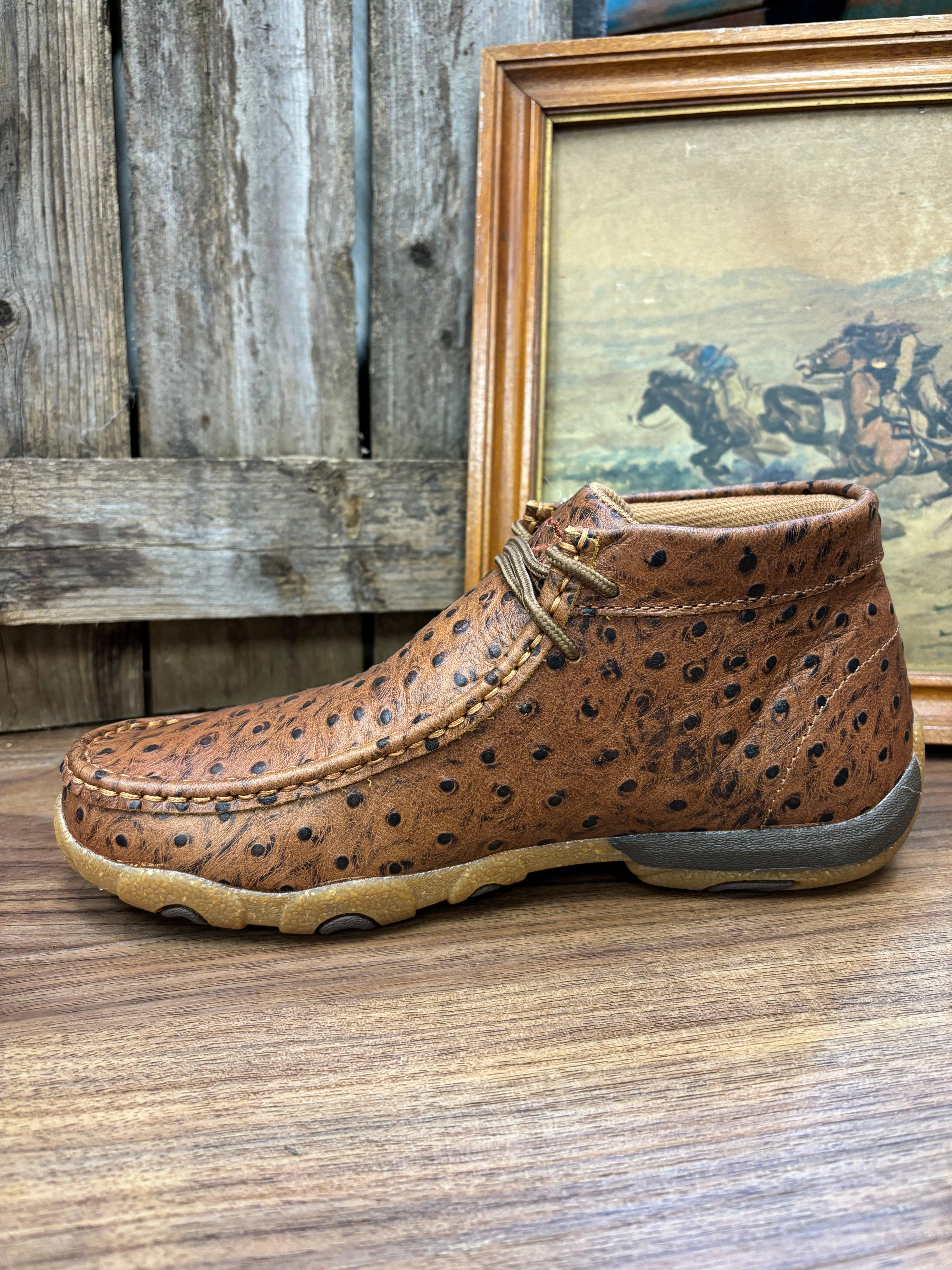 Solid design Twisted X Women's Cognac Ostrich Print Leather Chukka Driving Moc Shoe WDM0157