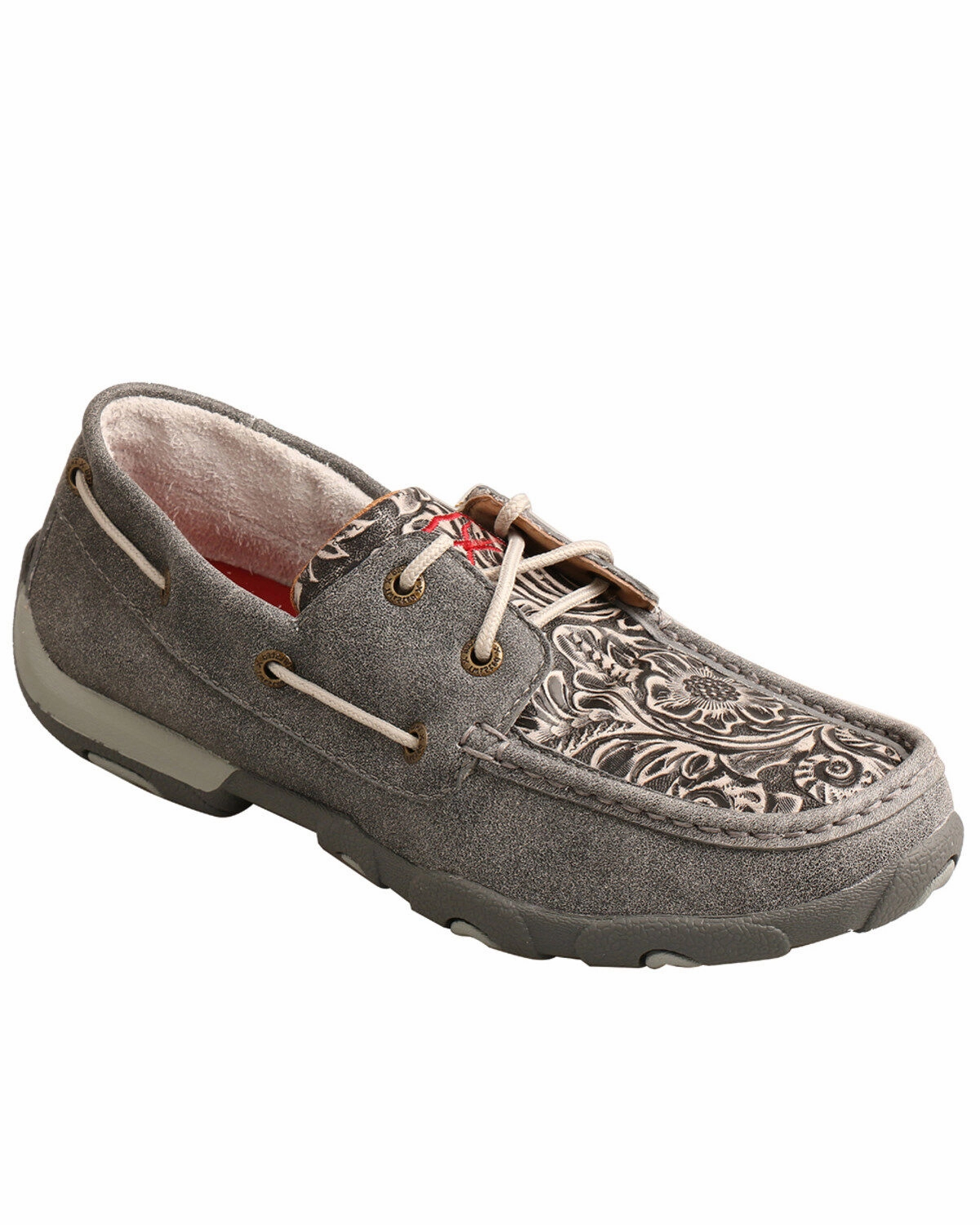 Twisted X Women's Grey Tooled Leather Boat Shoe Driving Mocs WDM0130 Ultra Hike
