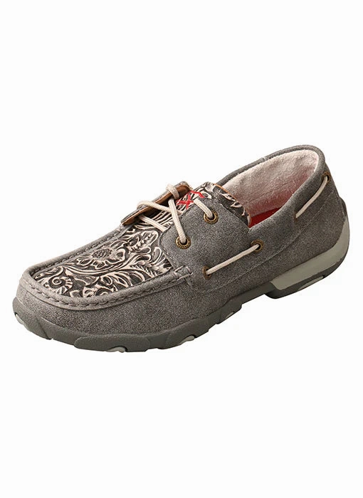 Twisted X Women's Grey Tooled Leather Boat Shoe Driving Mocs WDM0130 Smart Fit Trendy Shoes