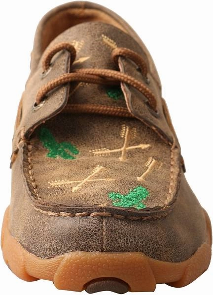 Twisted X Youth Cactus and Arrow Bomber Brown Leather Driving Mocs YDM0035 Pointed Toe Craft Collector