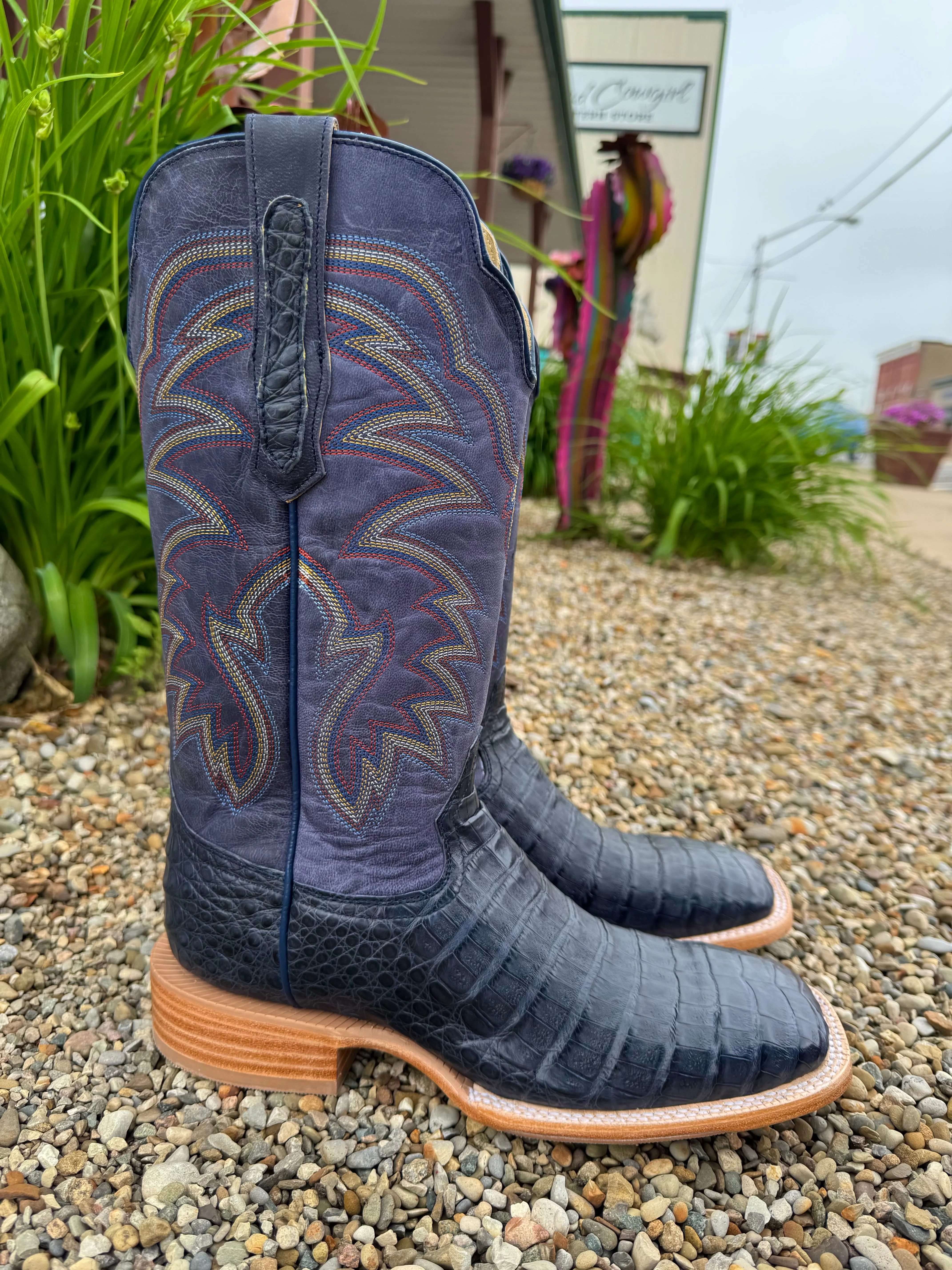 R. Watson Men's Blue Jean Caiman Belly & Midnight Blue Top Square Toe Cowboy Boots RW2502-2 Croc Look NYC Street