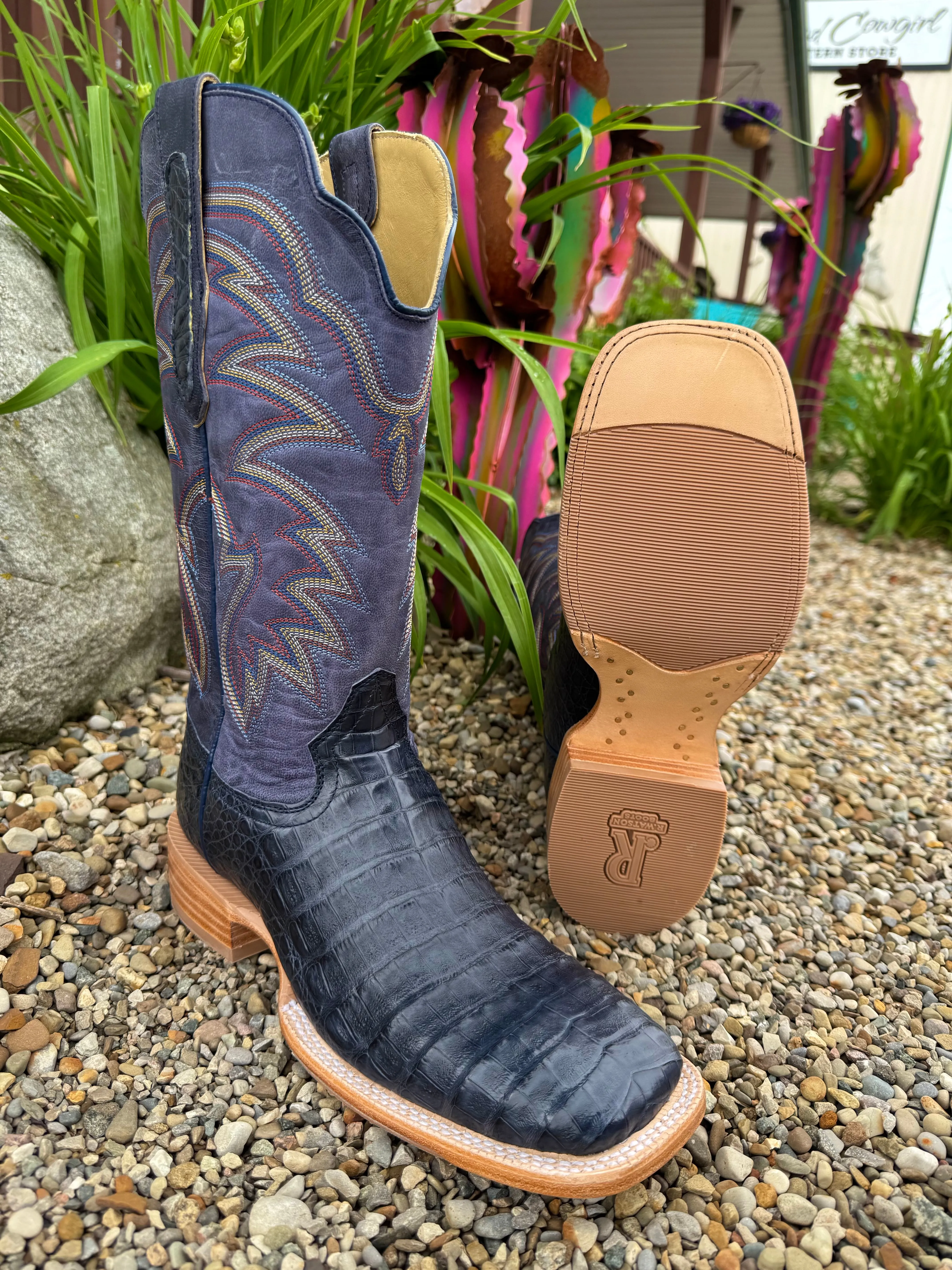 R. Watson Men's Blue Jean Caiman Belly & Midnight Blue Top Square Toe Cowboy Boots RW2502-2 Street Cool Abrasion   Resistant