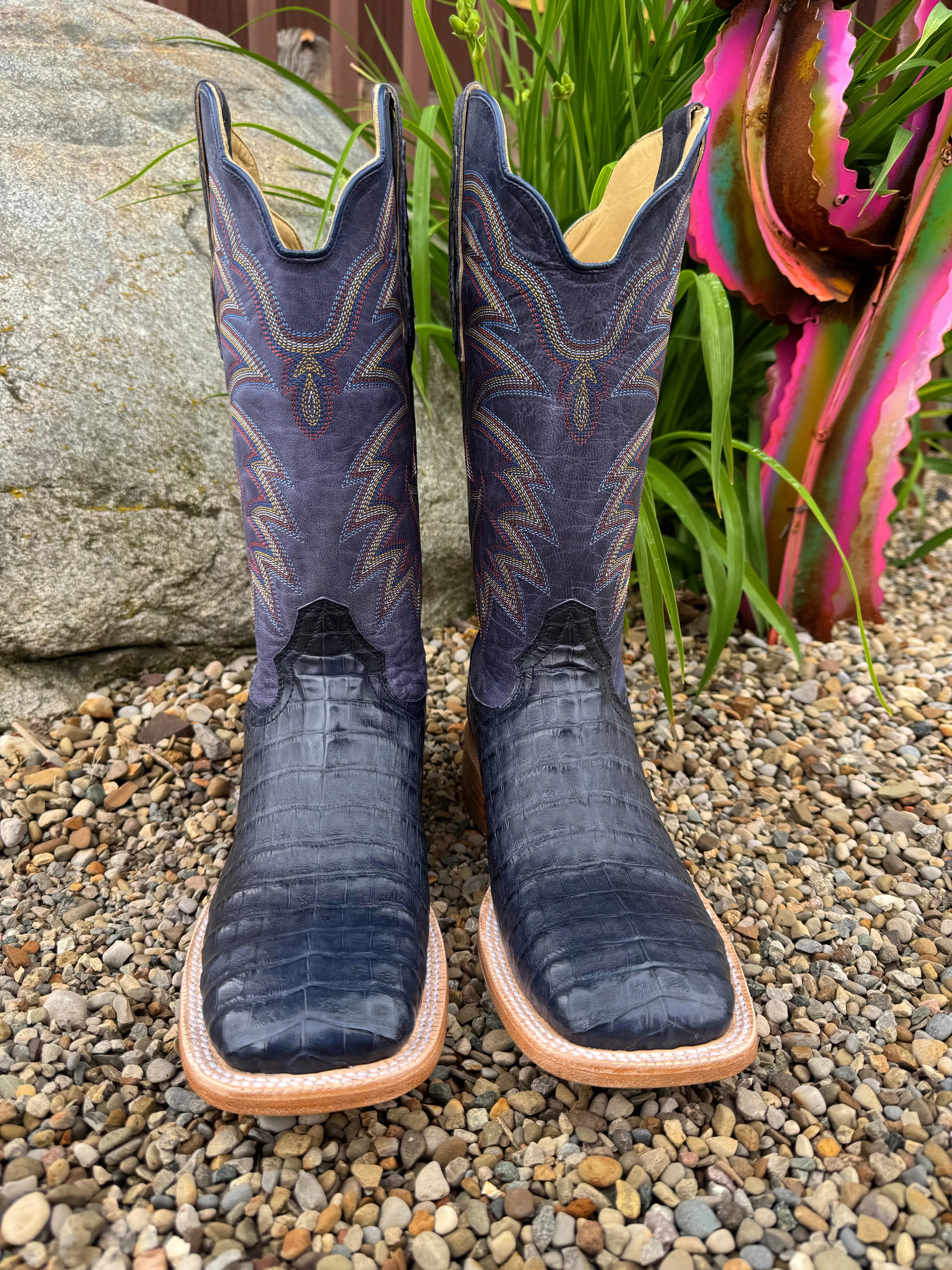 R. Watson Men's Blue Jean Caiman Belly & Midnight Blue Top Square Toe Cowboy Boots RW2502-2 Outdoor Denim Touch