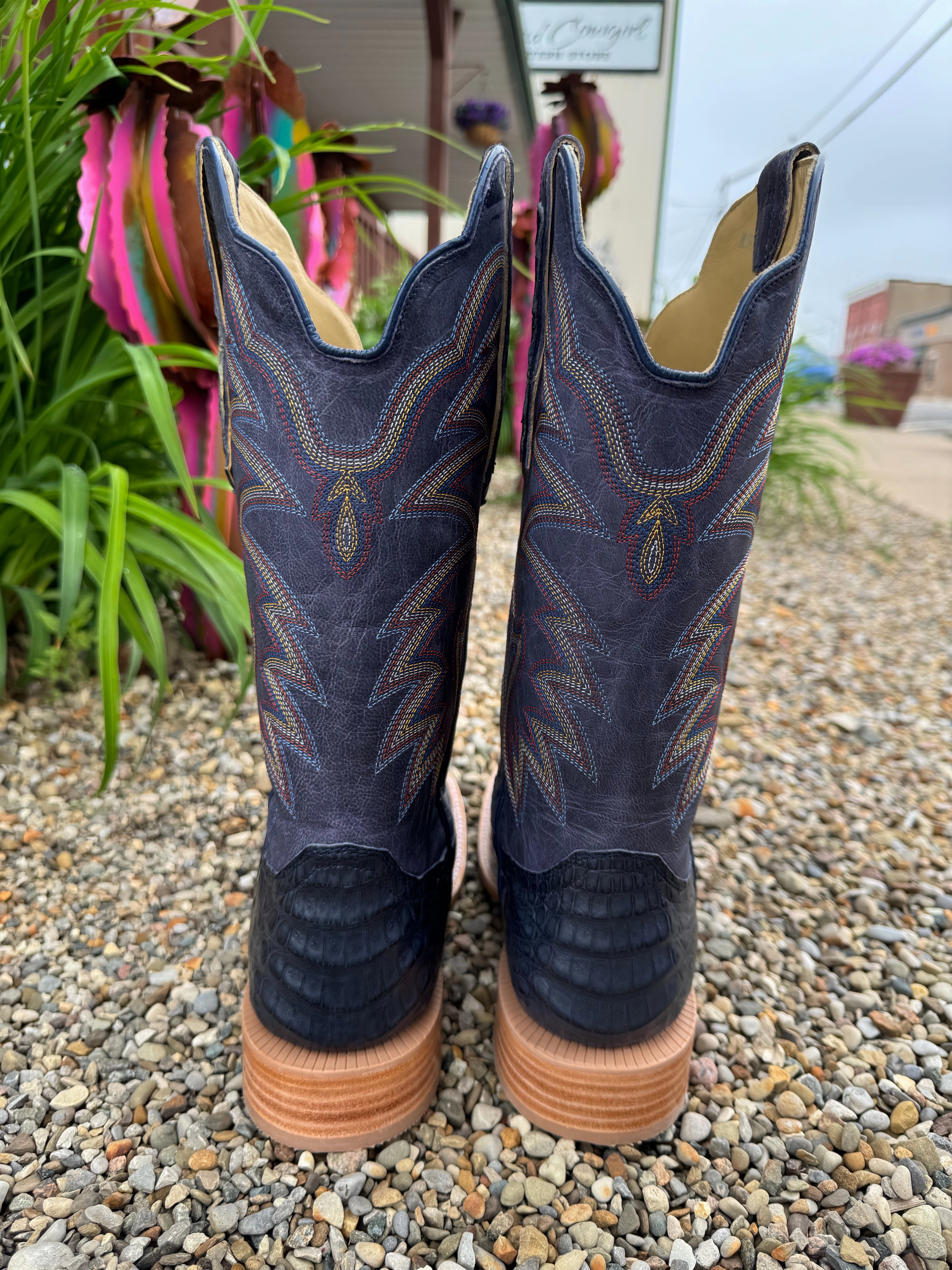 R. Watson Men's Blue Jean Caiman Belly & Midnight Blue Top Square Toe Cowboy Boots RW2502-2 Casual Adventure