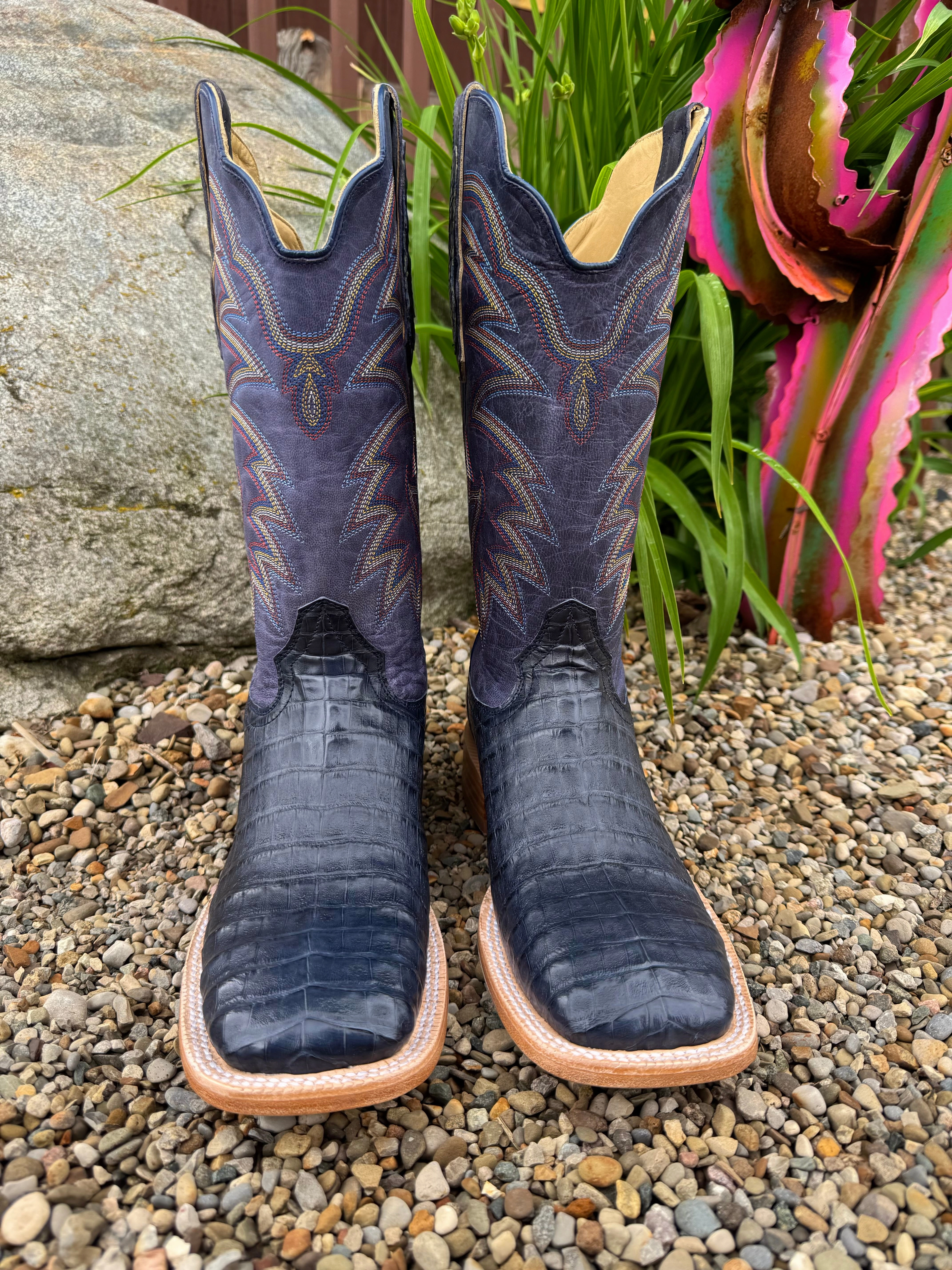 R. Watson Men's Blue Jean Caiman Belly & Midnight Blue Top Square Toe Cowboy Boots RW2502-2 Outdoor Denim Touch