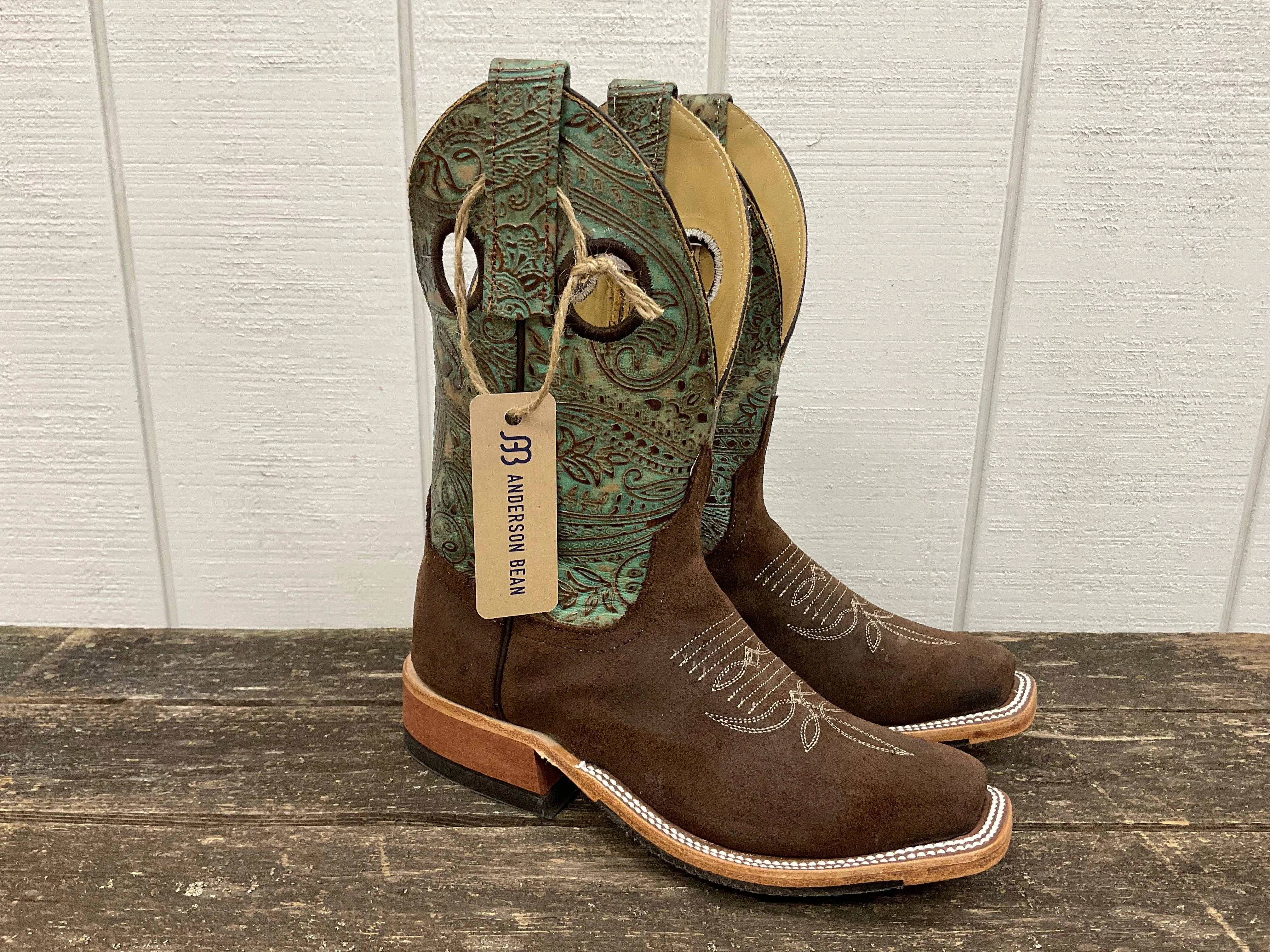 Anderson Bean Womens Raiz Brown Waxy Kudu & 10 Paisley Embossed Leather Top Cutter Toe Cowgirl Boots 335357 quick dry