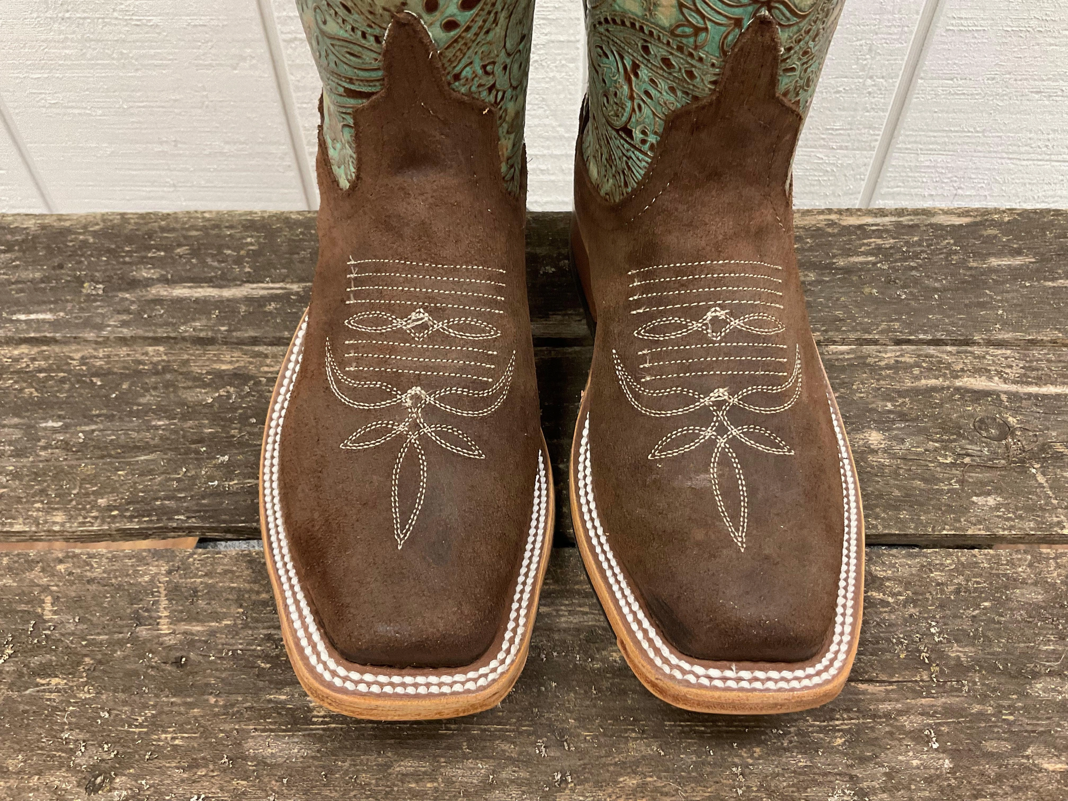 Modern Seamless Stitching Anderson Bean Womens Raiz Brown Waxy Kudu & 10 Paisley Embossed Leather Top Cutter Toe Cowgirl Boots 335357