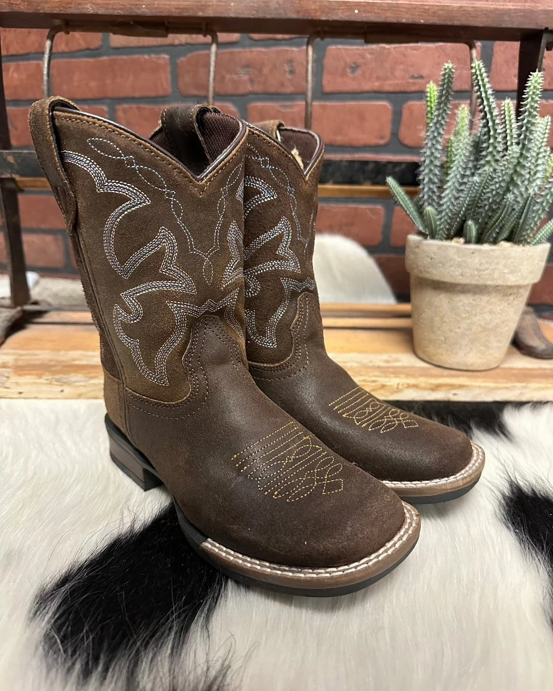 Roper Children/Youth Brown Oiled Suede Monterey Square Toe Western Boot 0911-2942 Mesh Panel All Day Comfort