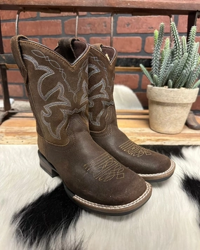 Roper Children/Youth Brown Oiled Suede Monterey Square Toe Western Boot 0911-2942 Mesh Panel All Day Comfort