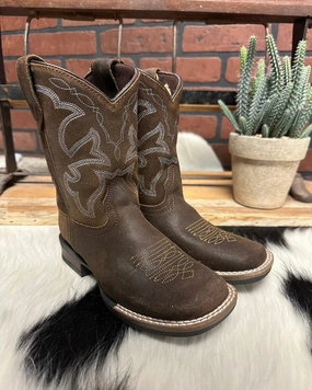 Roper Children/Youth Brown Oiled Suede Monterey Square Toe Western Boot 0911-2942 Mesh Panel All Day Comfort