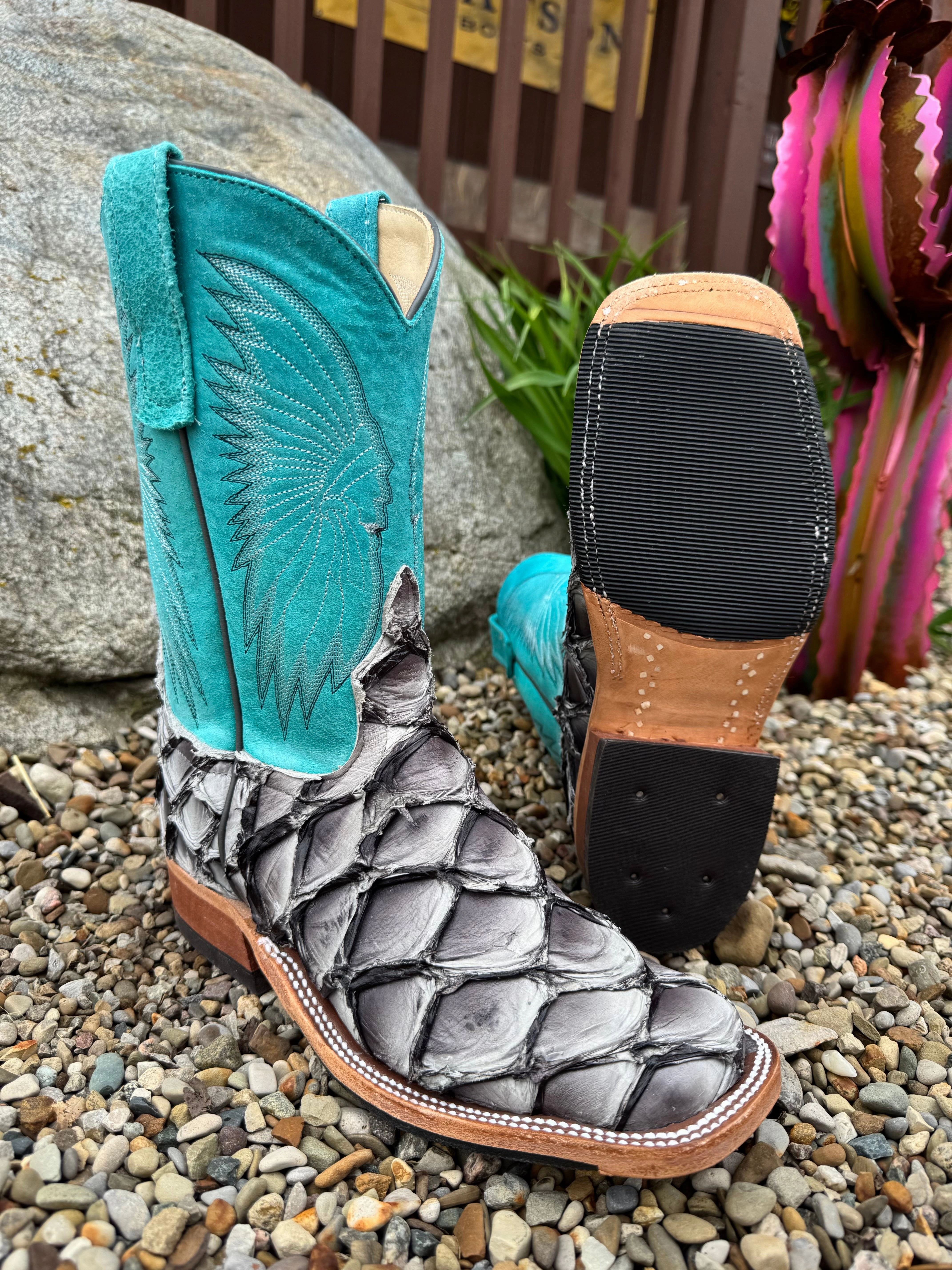 Anderson Bean Women's Fifty Shades of Grey Big Bass Arapaima & Turquoise Top w/Chief Cowgirl Boots 339590 All-Weather Design.