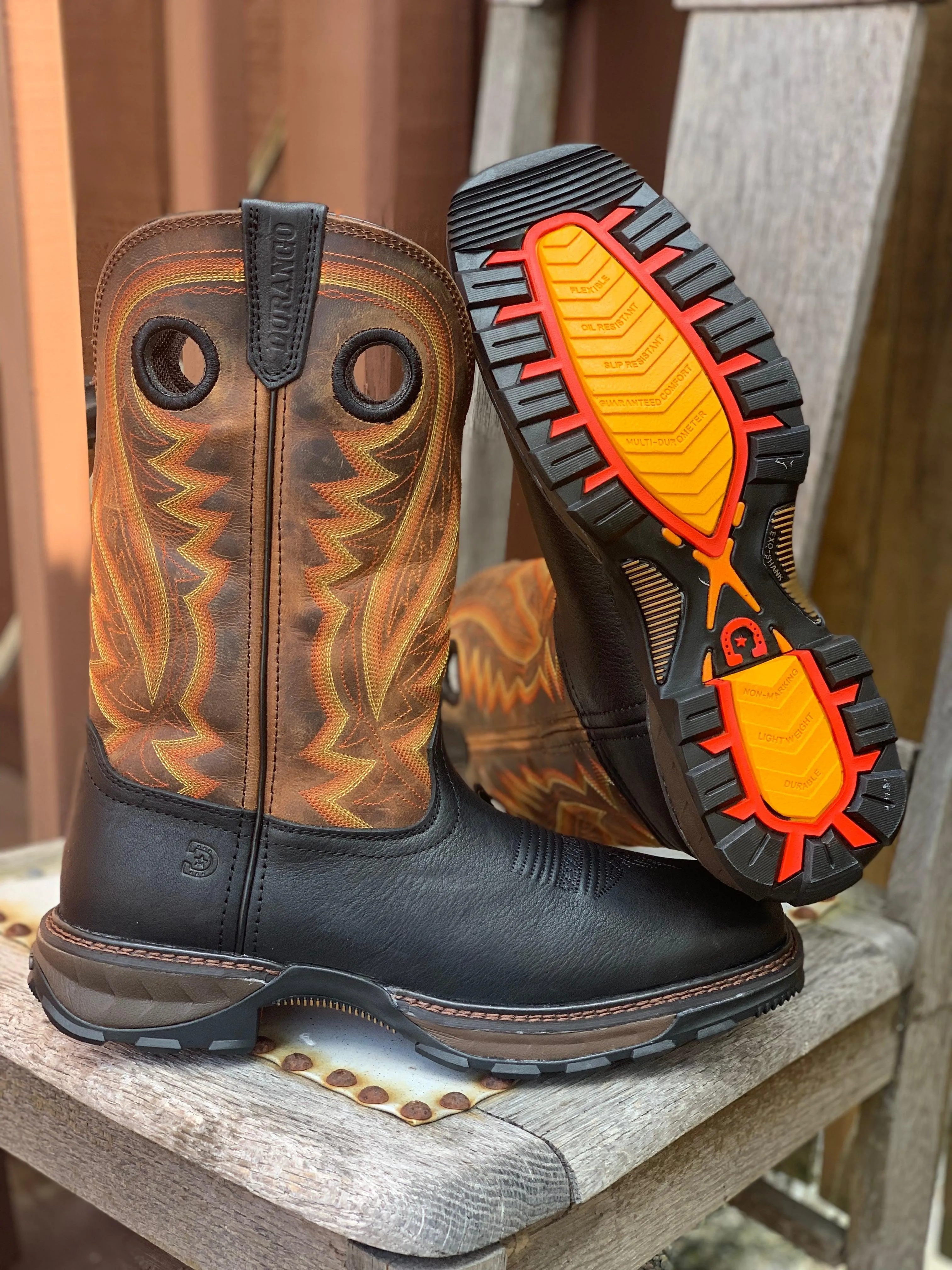 Durango Men's Maverick Onyx Black & Dark Brown Square Toe Western Work Boots DDB0402 Daytime Wear Toe Protection