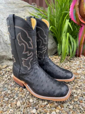 Anderson Bean Men's Black Full Quill Ostrich & 10 Black West Top Square Toe Cowboy Boots 360196 Side Zip