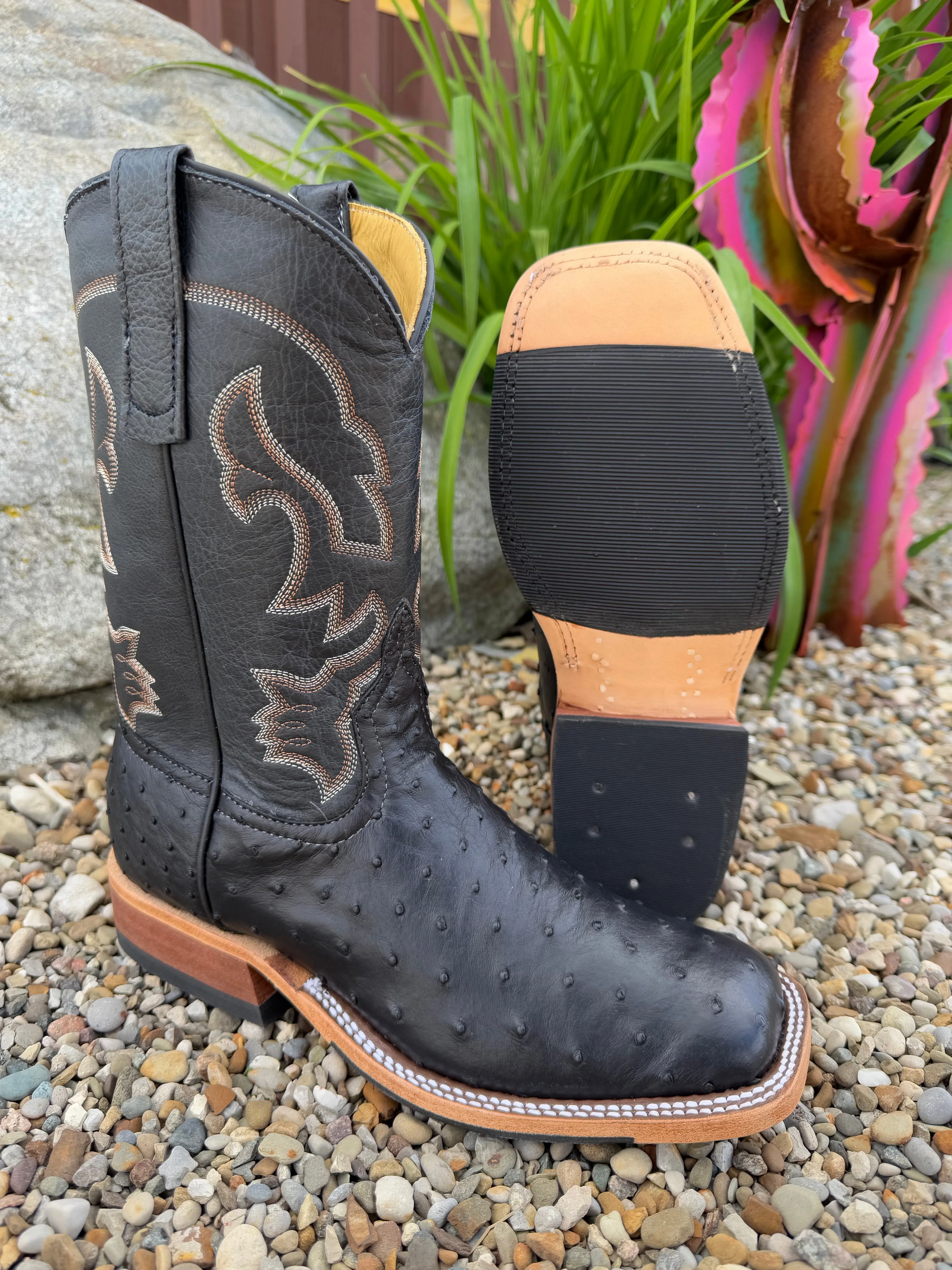 Anderson Bean Men's Black Full Quill Ostrich & 10 Black West Top Square Toe Cowboy Boots 360196 Smooth Design