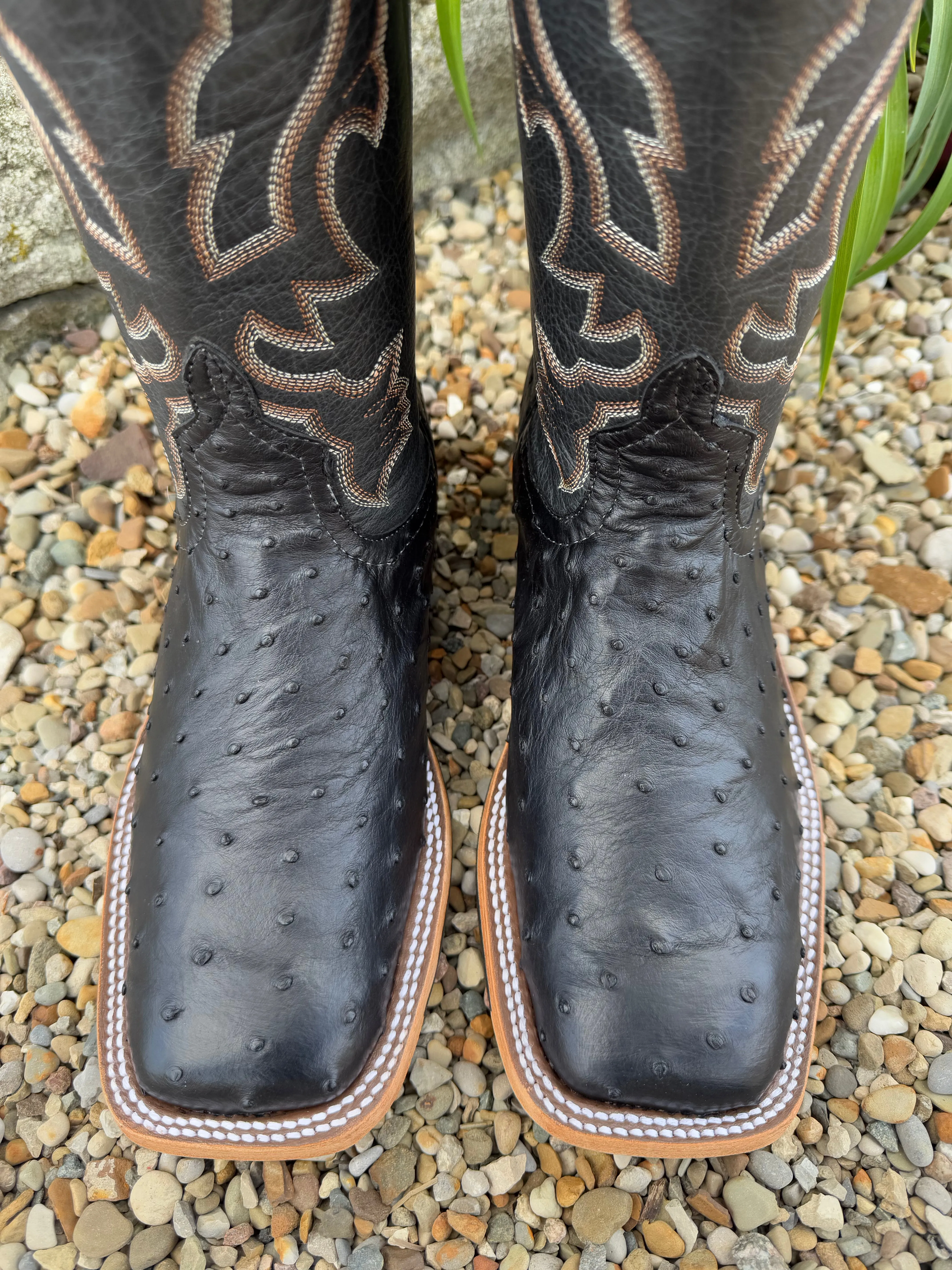 Anderson Bean Men's Black Full Quill Ostrich & 10 Black West Top Square Toe Cowboy Boots 360196 Premium Quality Hybrid style