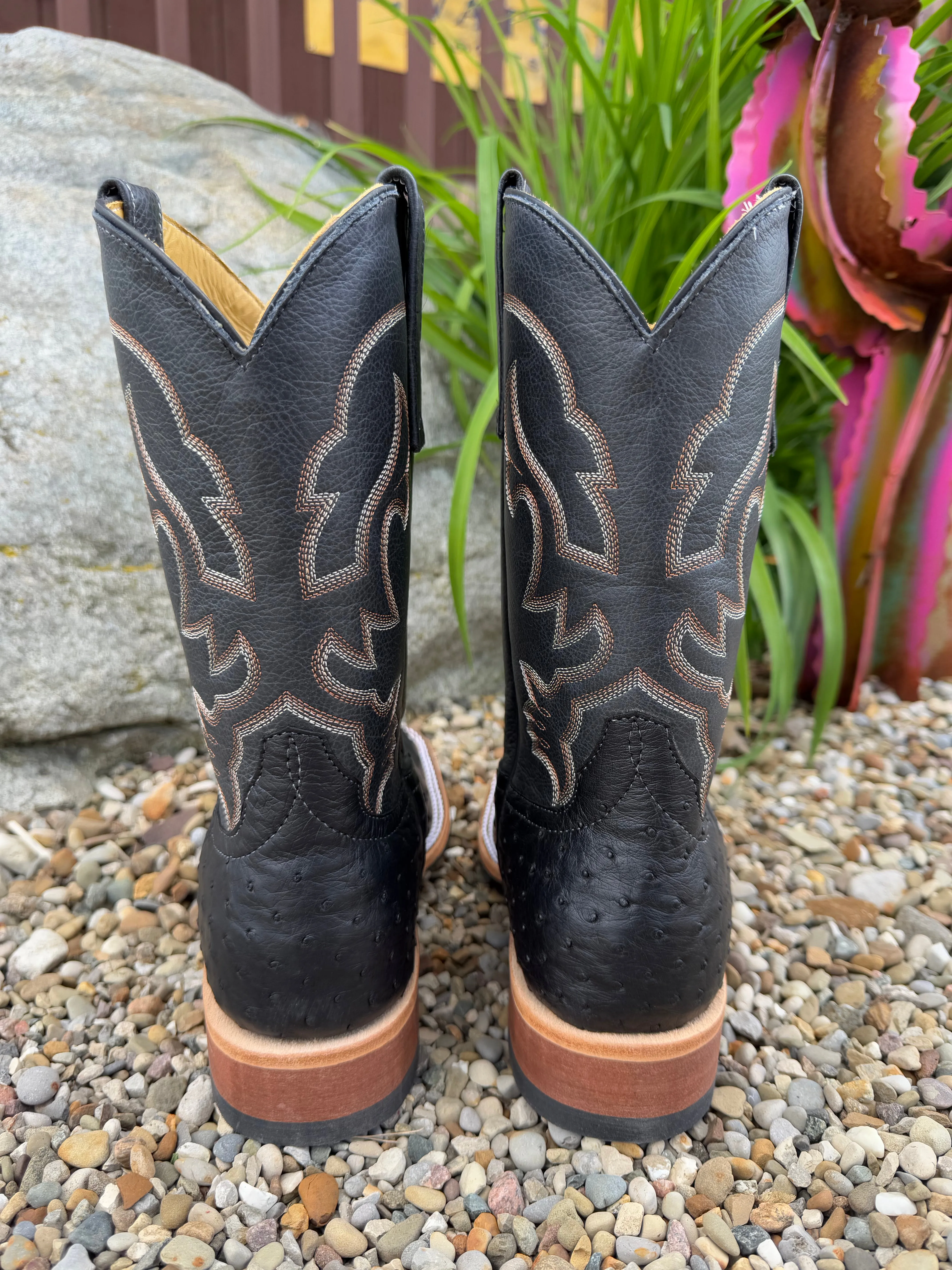 Anti-Friction Anderson Bean Men's Black Full Quill Ostrich & 10 Black West Top Square Toe Cowboy Boots 360196