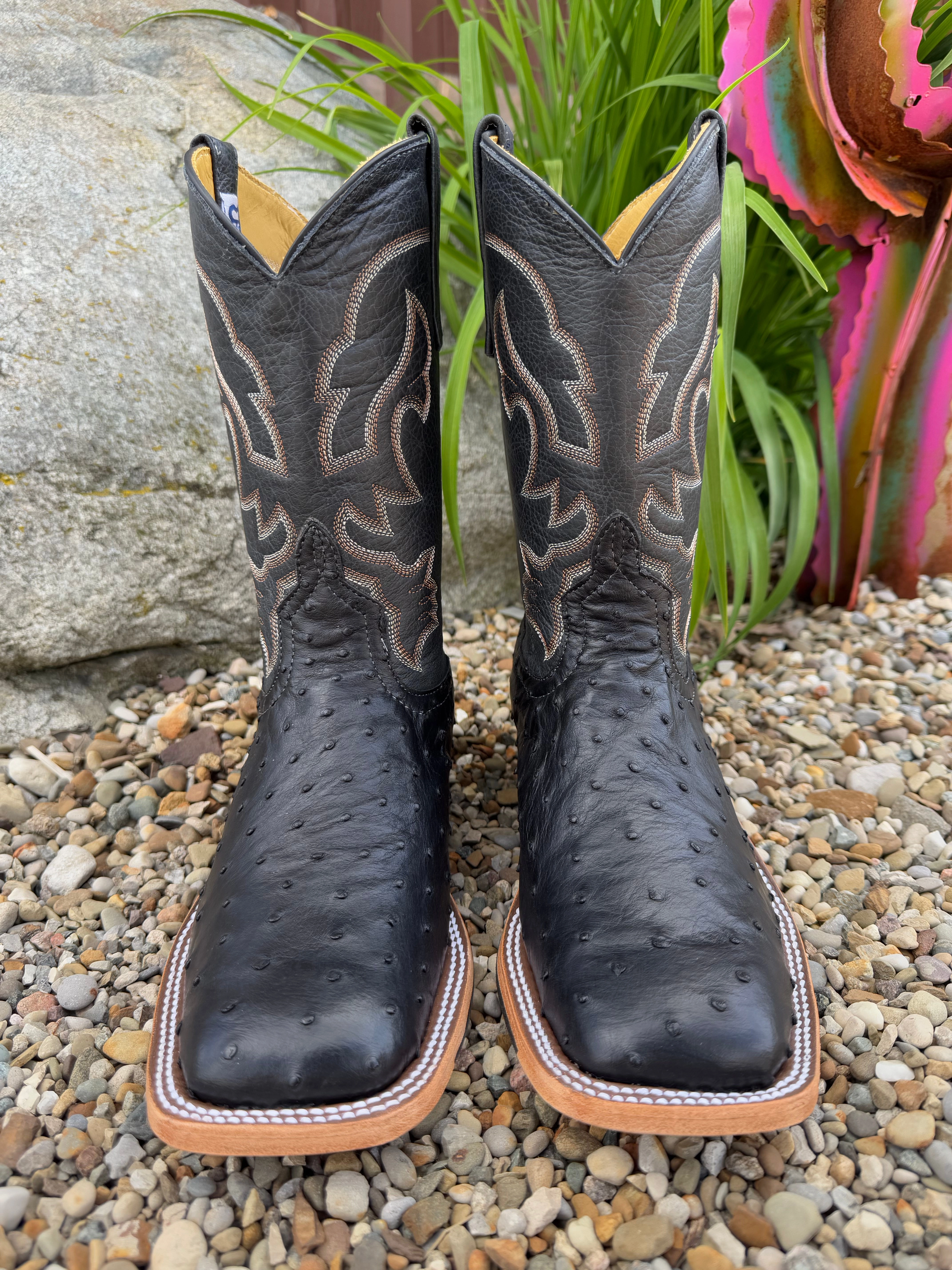 Anderson Bean Men's Black Full Quill Ostrich & 10 Black West Top Square Toe Cowboy Boots 360196 Versatile use