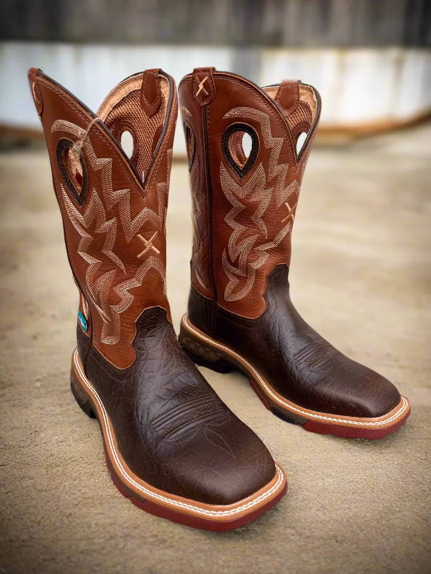 Grip Strong Twisted X Men's CellStretch Brown/Burnt Orange Waterproof Western Work Boots MXBW002