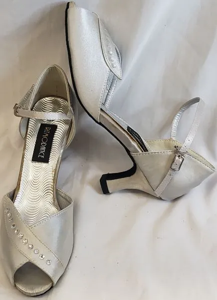 2.38" Anara - Closed Back/Open Toe Ballroom Shoe -- Silver Satin Match Fit