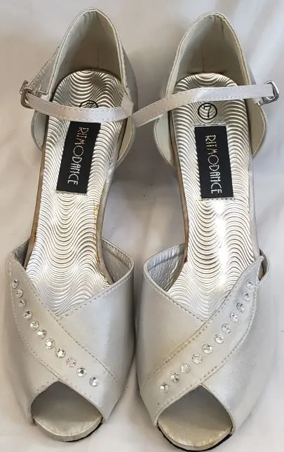 Narrow Fit Long Walk 2.38" Anara - Closed Back/Open Toe Ballroom Shoe -- Silver Satin