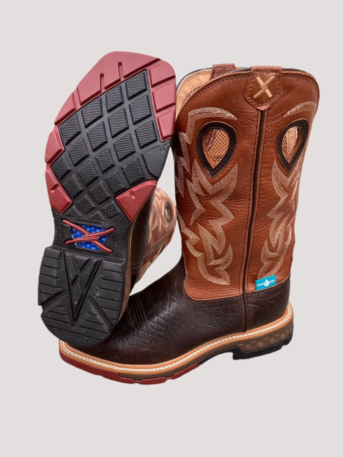 Twisted X Men's CellStretch Brown/Burnt Orange Waterproof Western Work Boots MXBW002 Mesh Upper Shock   Absorbing Midsole