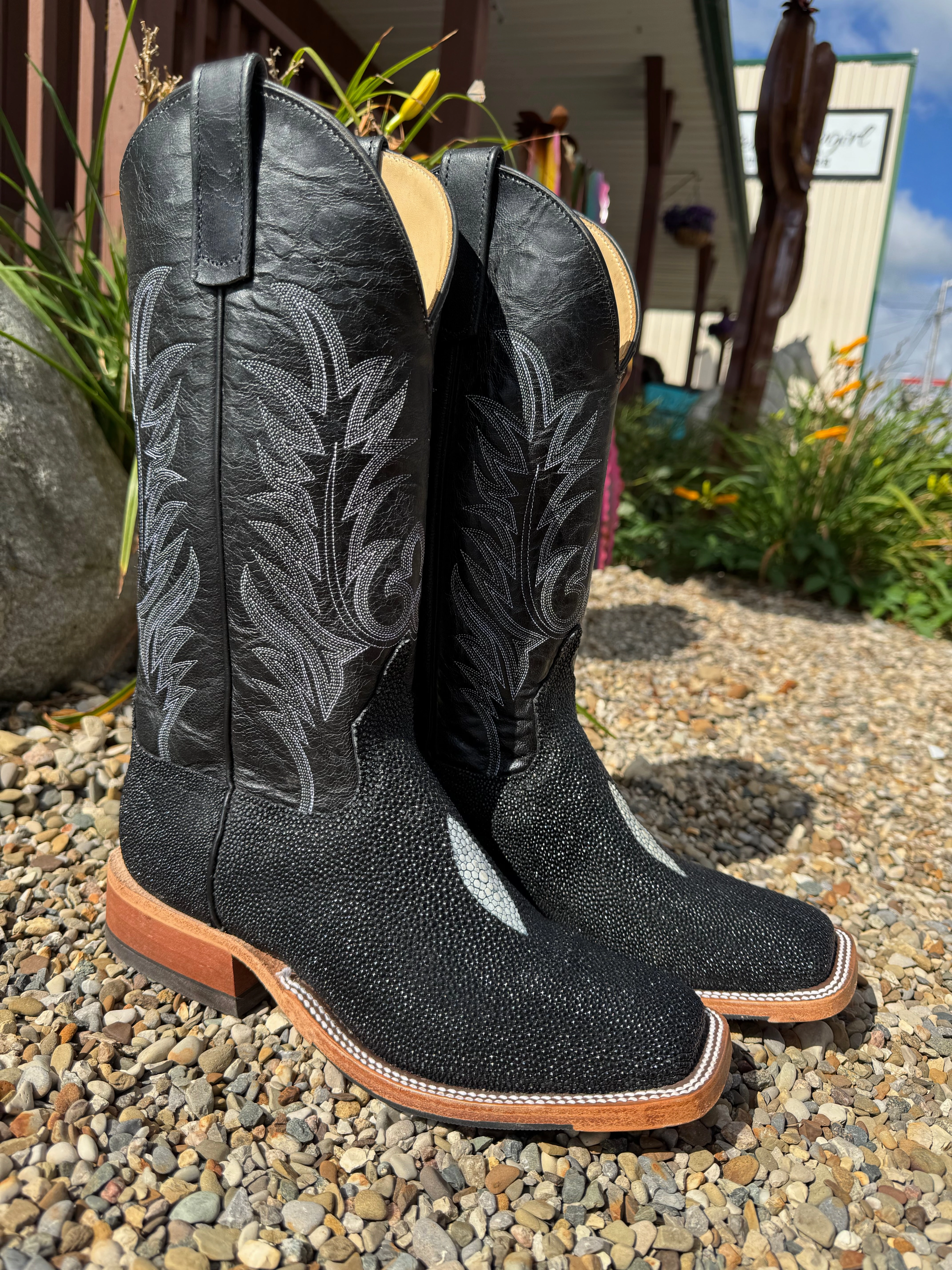 Thick Grip Anderson Bean Men's Black Stingray & 13 Black Explosion Top Square Toe Cowboy Boots 335355 338946
