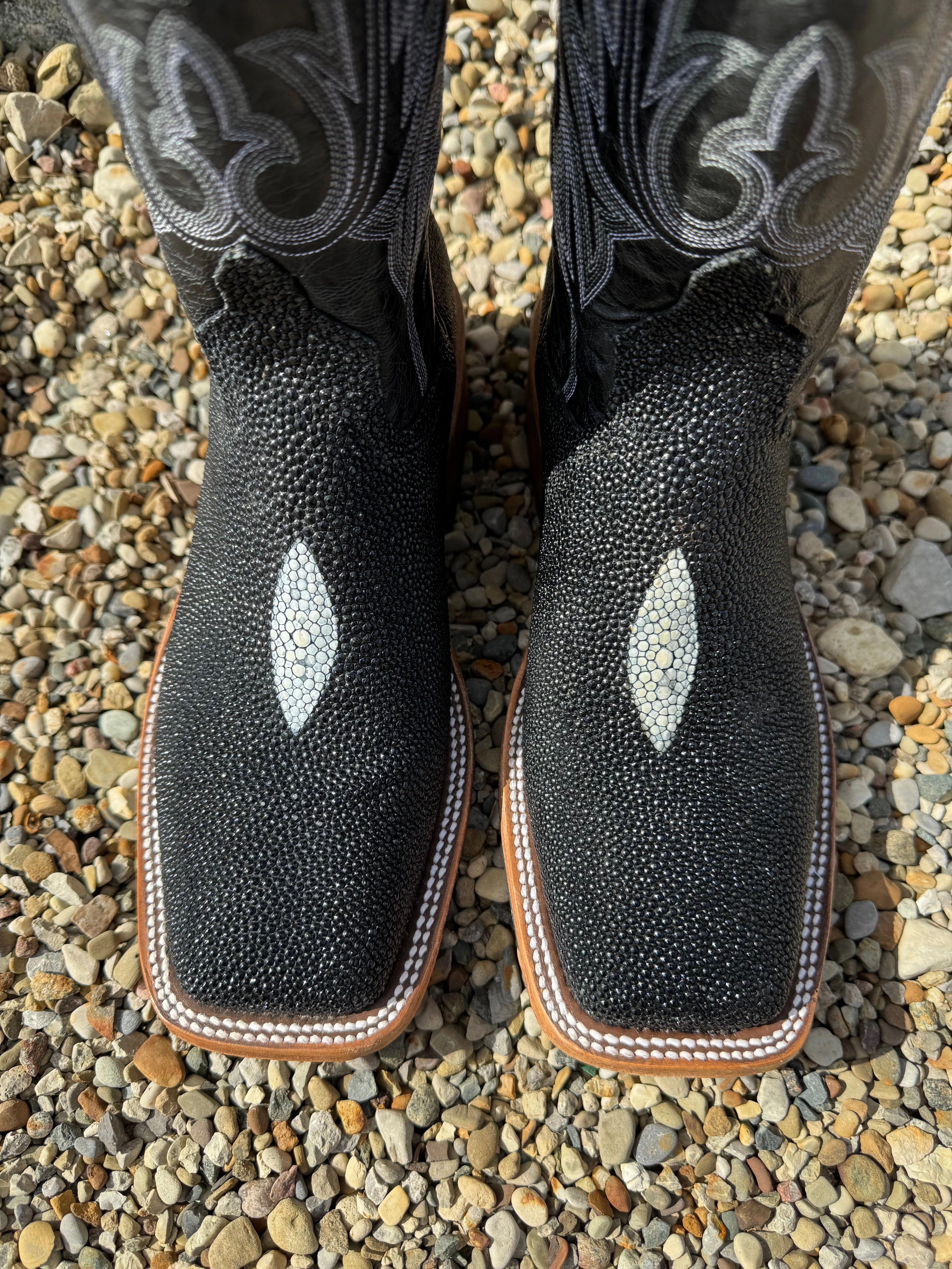 Comfort Fit Anderson Bean Men's Black Stingray & 13 Black Explosion Top Square Toe Cowboy Boots 335355 338946