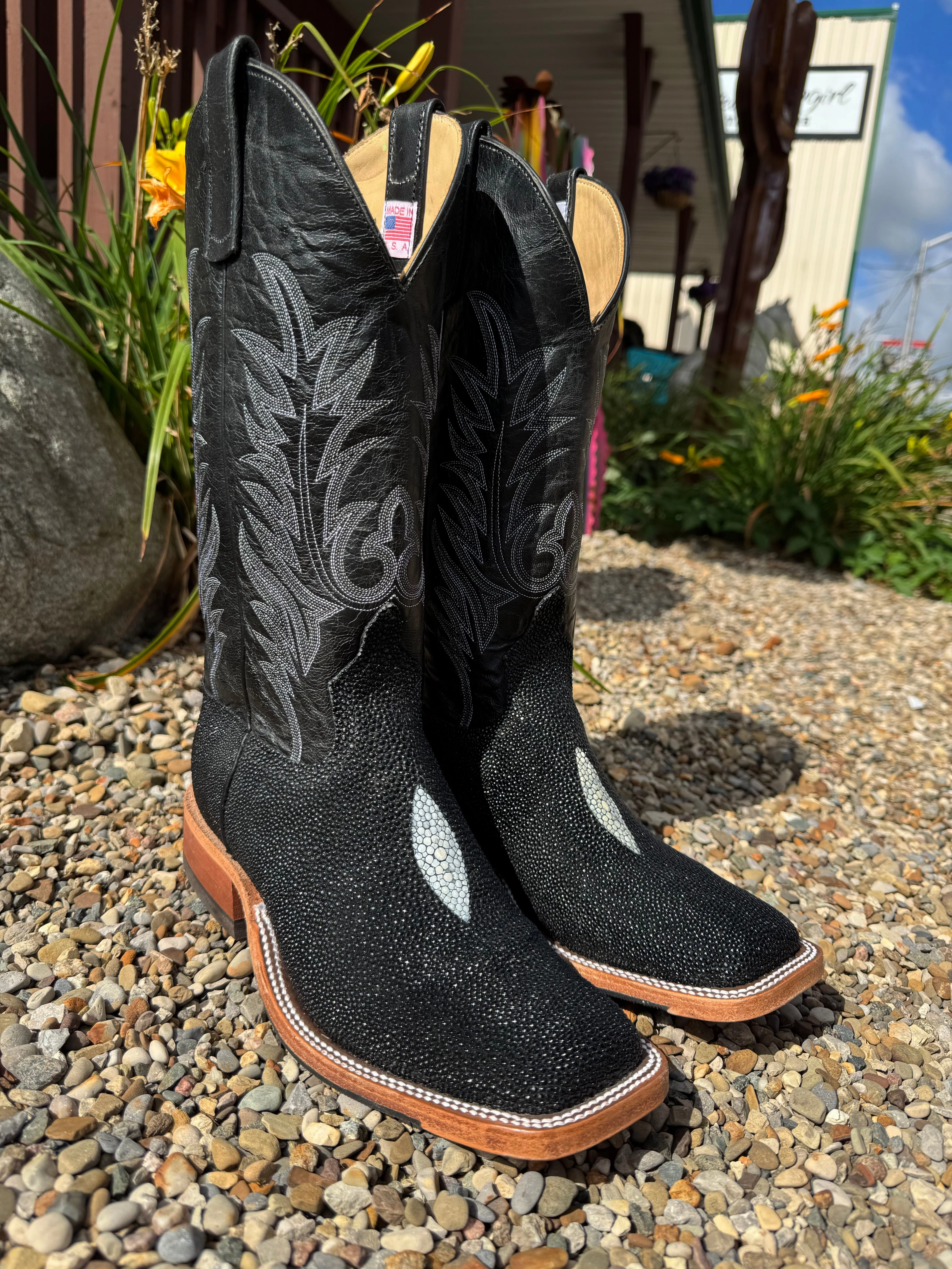 Work Terrain Anderson Bean Men's Black Stingray & 13 Black Explosion Top Square Toe Cowboy Boots 335355 338946